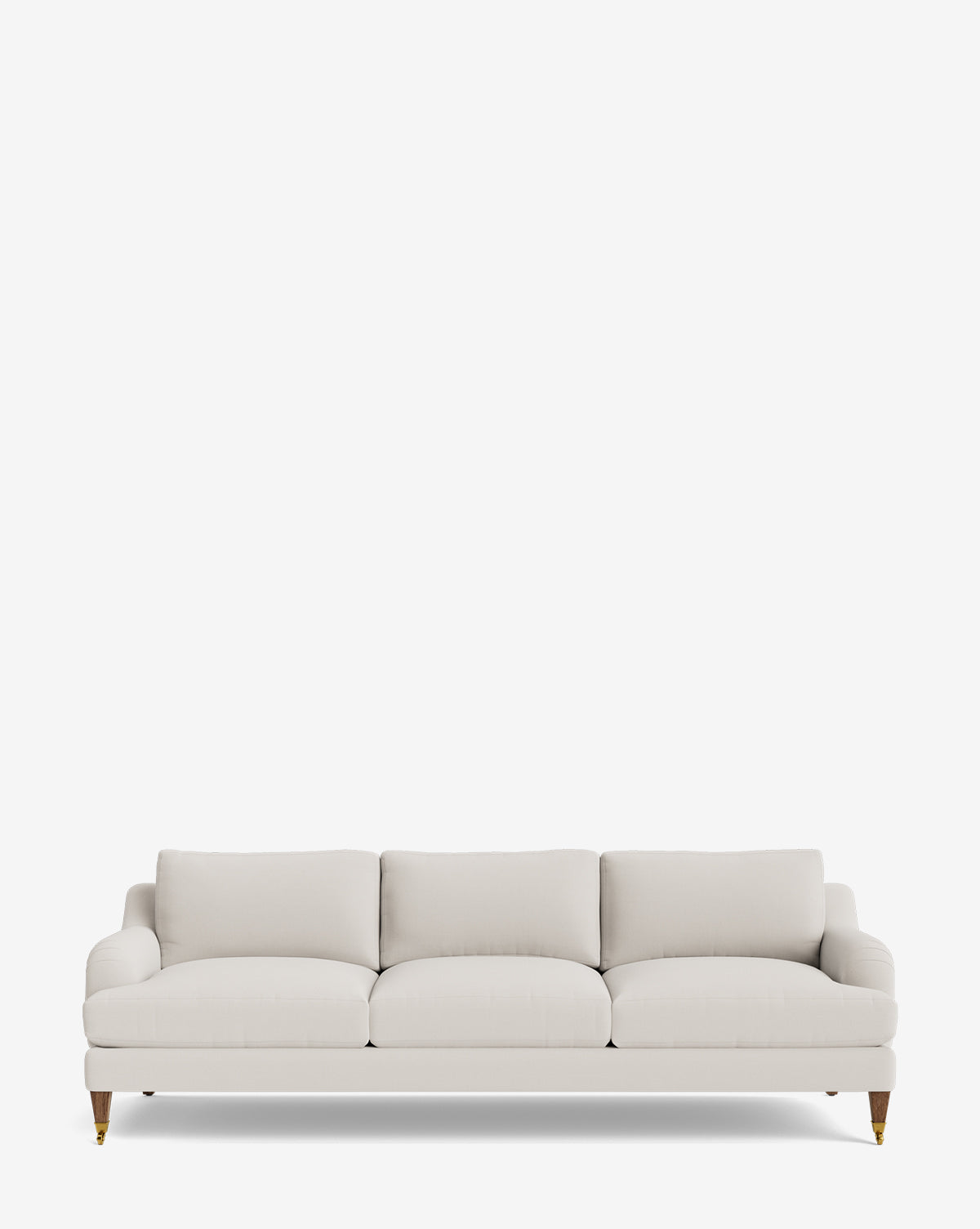 The Lucille English Roll Arm Sofa 90.5 is a three-seater with light beige upholstery, down-wrapped cushions, and short wooden legs with metal-capped fronts, shown against a plain white background by McGee & Co.