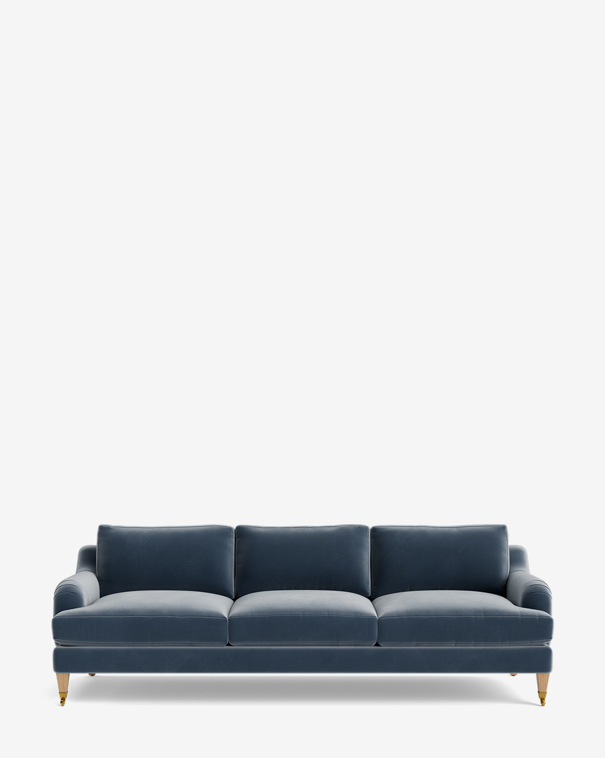 The Lucille English Roll Arm Sofa 90.5 is a modern, customizable sofa in dark blue fabric with three down-wrapped seat cushions, three back cushions, and short wooden legs with brass castors, shown on a plain white background by McGee & Co.