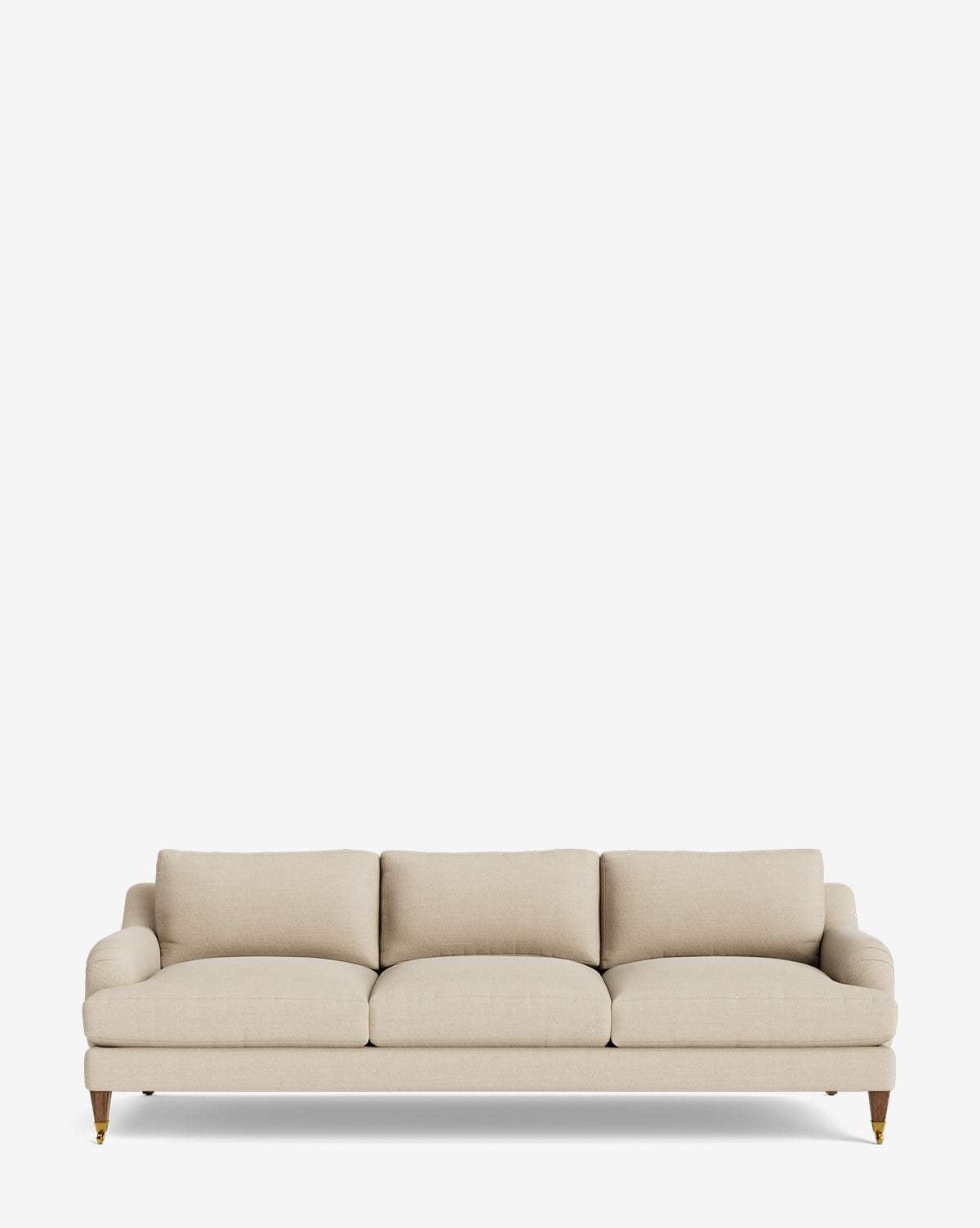 The Lucille English Roll Arm Sofa 90.5 features a beige fabric, three down-wrapped seat cushions, wooden legs with brass front casters, and is set against a plain white background, by McGee & Co. This customizable sofa offers timeless style and comfort.