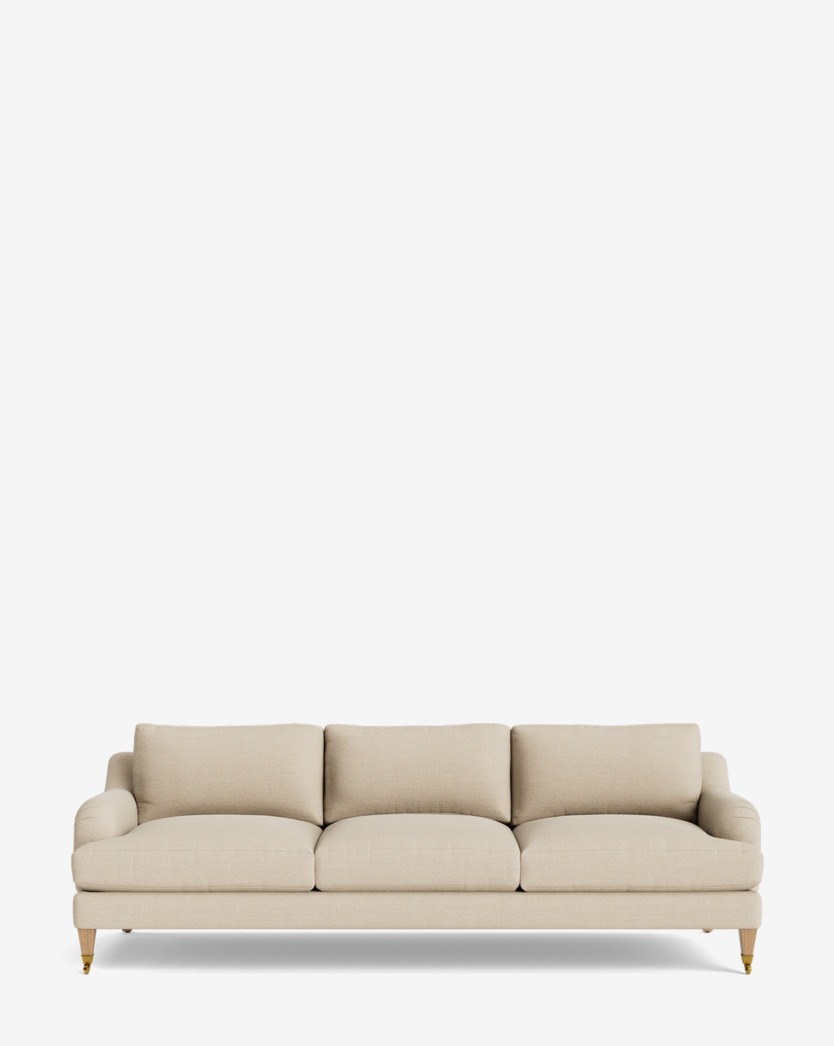 The Lucille English Roll Arm Sofa 90.5 features a beige finish, three down-wrapped cushions, and short wooden legs with brass casters, by McGee & Co. Set against a plain white background, this customizable sofa blends classic style and comfort.