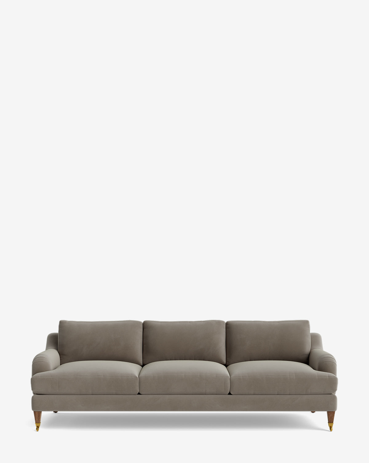 The Lucille English Roll Arm Sofa 90.5 is customizable with soft grey upholstery, down-wrapped cushions, three back cushions, rounded armrests, and short wooden legs with brass caster wheels for a classic look by McGee & Co.