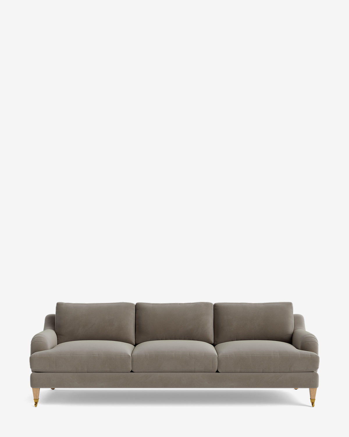 The Lucille English Roll Arm Sofa 90.5 features a modern grey design with plush, down-wrapped cushions and wooden legs with brass casters, all set against a plain white background for a customizable blend of comfort and elegance, by McGee & Co.