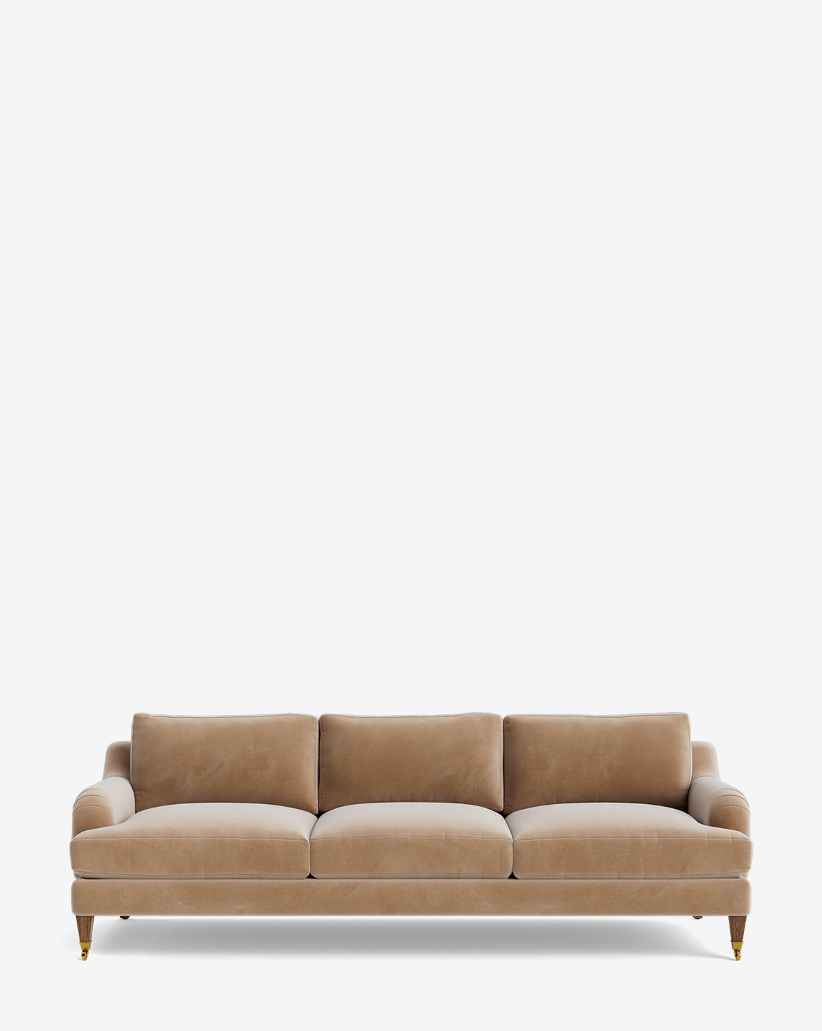 The Lucille English Roll Arm Sofa 90.5 in beige features plush, down-wrapped cushions and wooden legs with gold casters, set against a white background. This customizable sofa blends classic style with modern comfort by McGee & Co.