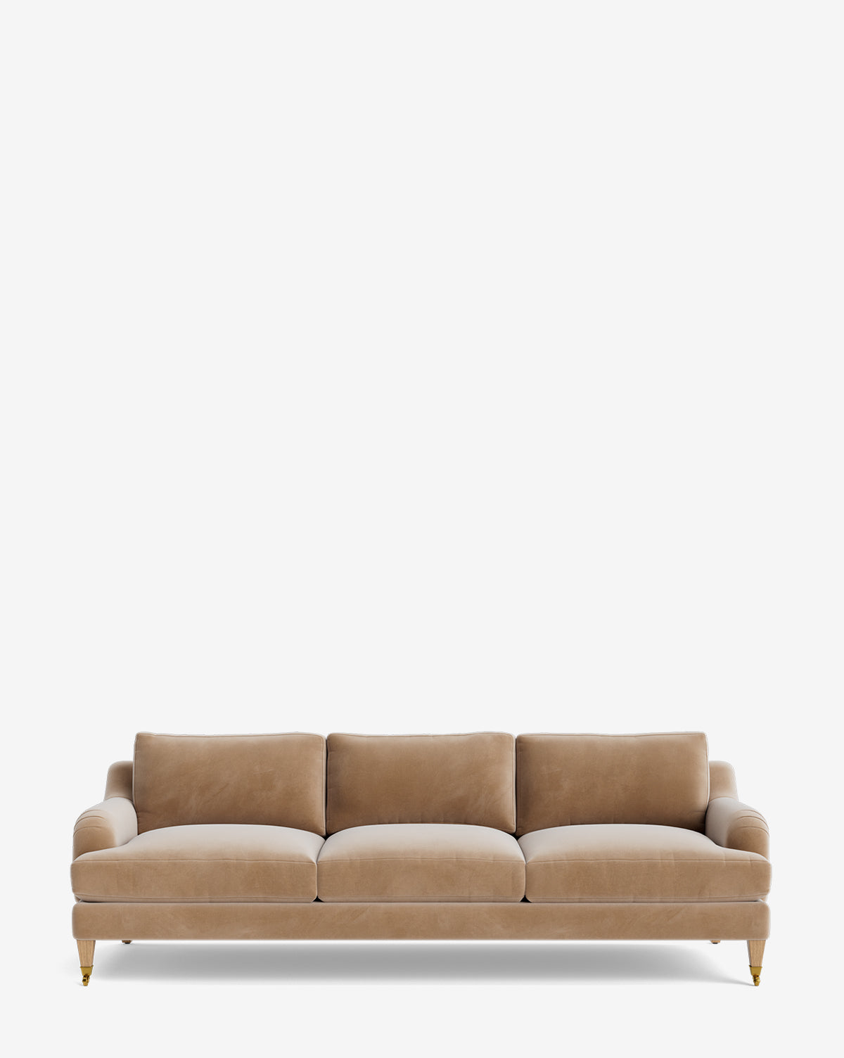 The Lucille English Roll Arm Sofa 90.5 is a beige, three-seater with plush down-wrapped cushions and gold-tipped wooden legs, displayed against a plain white background by McGee & Co.