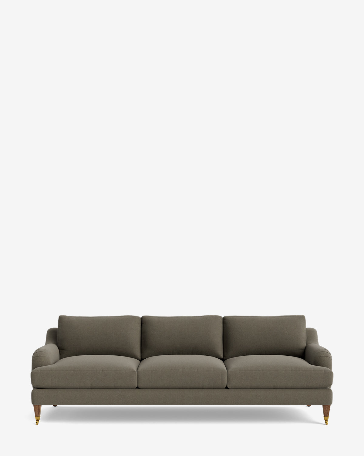 The Lucille English Roll Arm Sofa 90.5 features olive green upholstery, plush down-wrapped cushions, rounded arms, and wooden legs with brass casters, shown against a plain white background by McGee & Co.