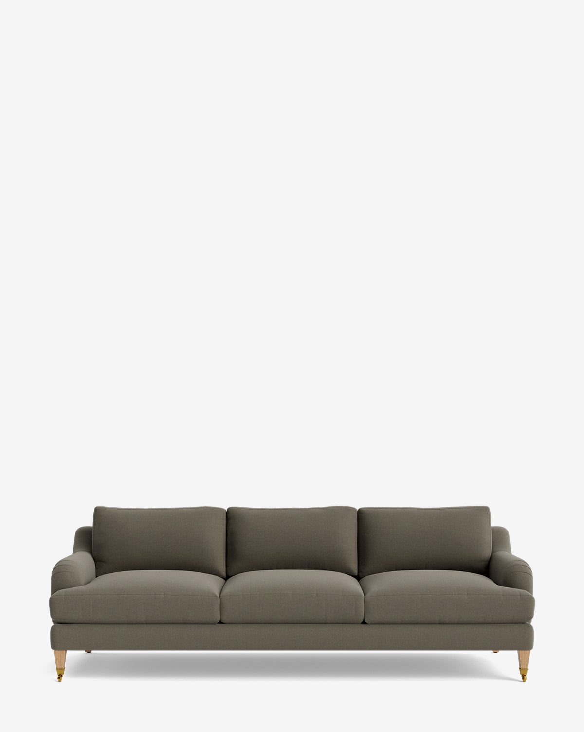 The Lucille English Roll Arm Sofa 90.5 features olive-gray upholstery, three down-wrapped seat and back cushions, rounded arms, and wooden legs with gold casters, shown against a plain white background by McGee & Co.