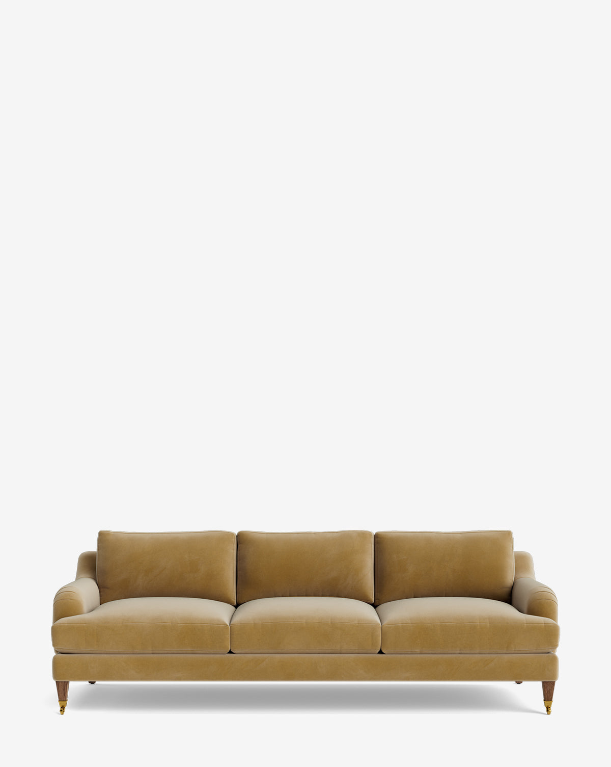 The Lucille English Roll Arm Sofa 90.5 is a mustard yellow three-seater with plush, down-wrapped cushions and wooden legs, shown against a plain white background by McGee & Co.
