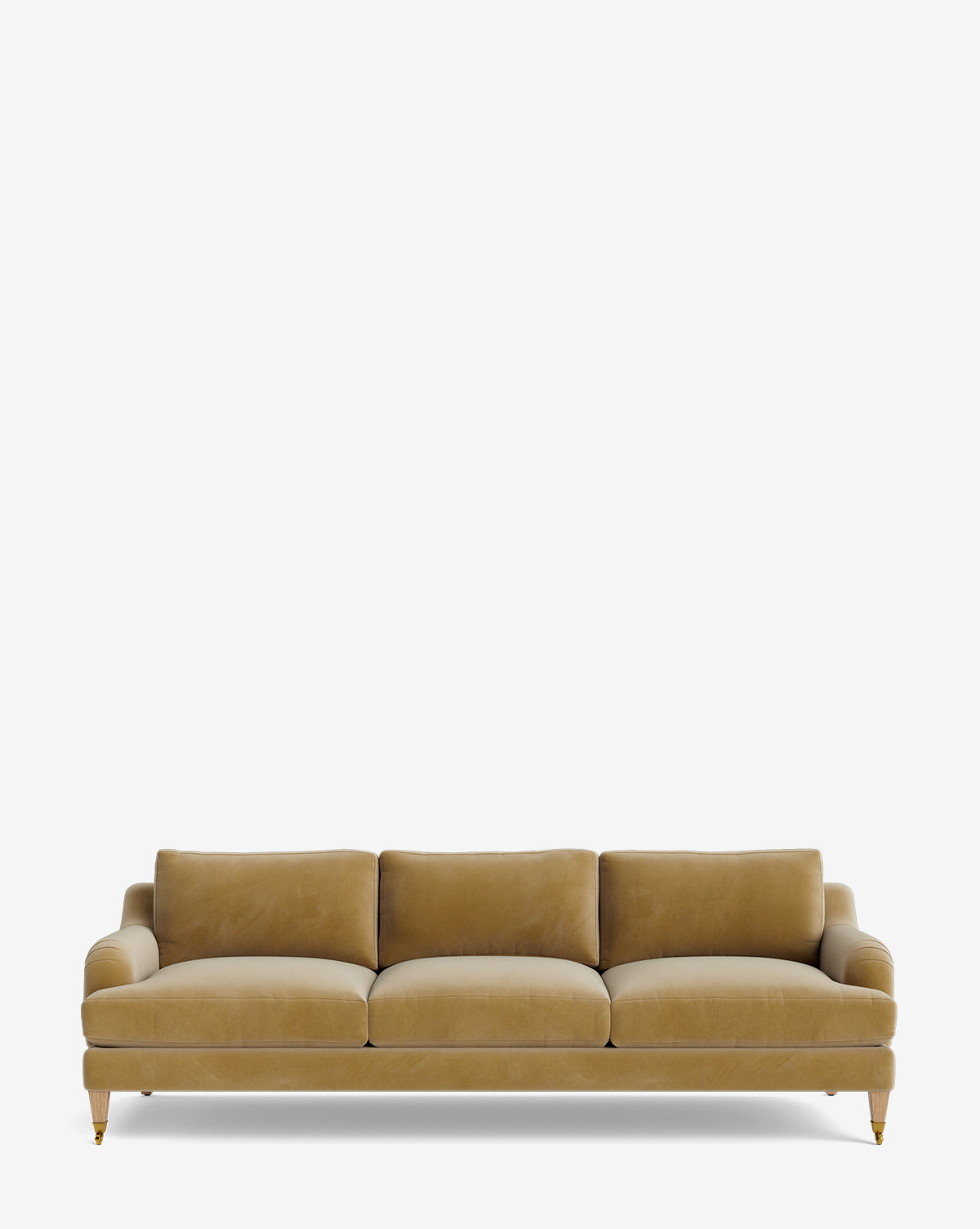 The Lucille English Roll Arm Sofa 90.5 is a modern, three-seater sofa customizable in mustard yellow velvet, featuring down-wrapped cushions, slim rounded arms, and short wooden legs with metallic caps for a stylish touch by McGee & Co.