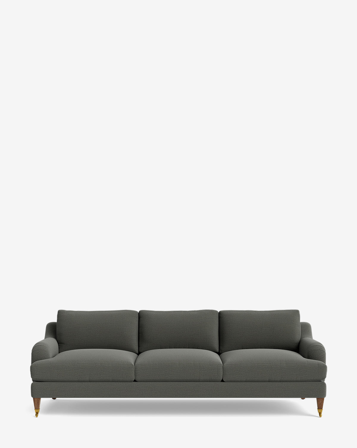 The Lucille English Roll Arm Sofa 90.5 features a modern dark gray design, plush down-wrapped cushions, and wooden legs with brass casters, shown on a plain white background by McGee & Co.