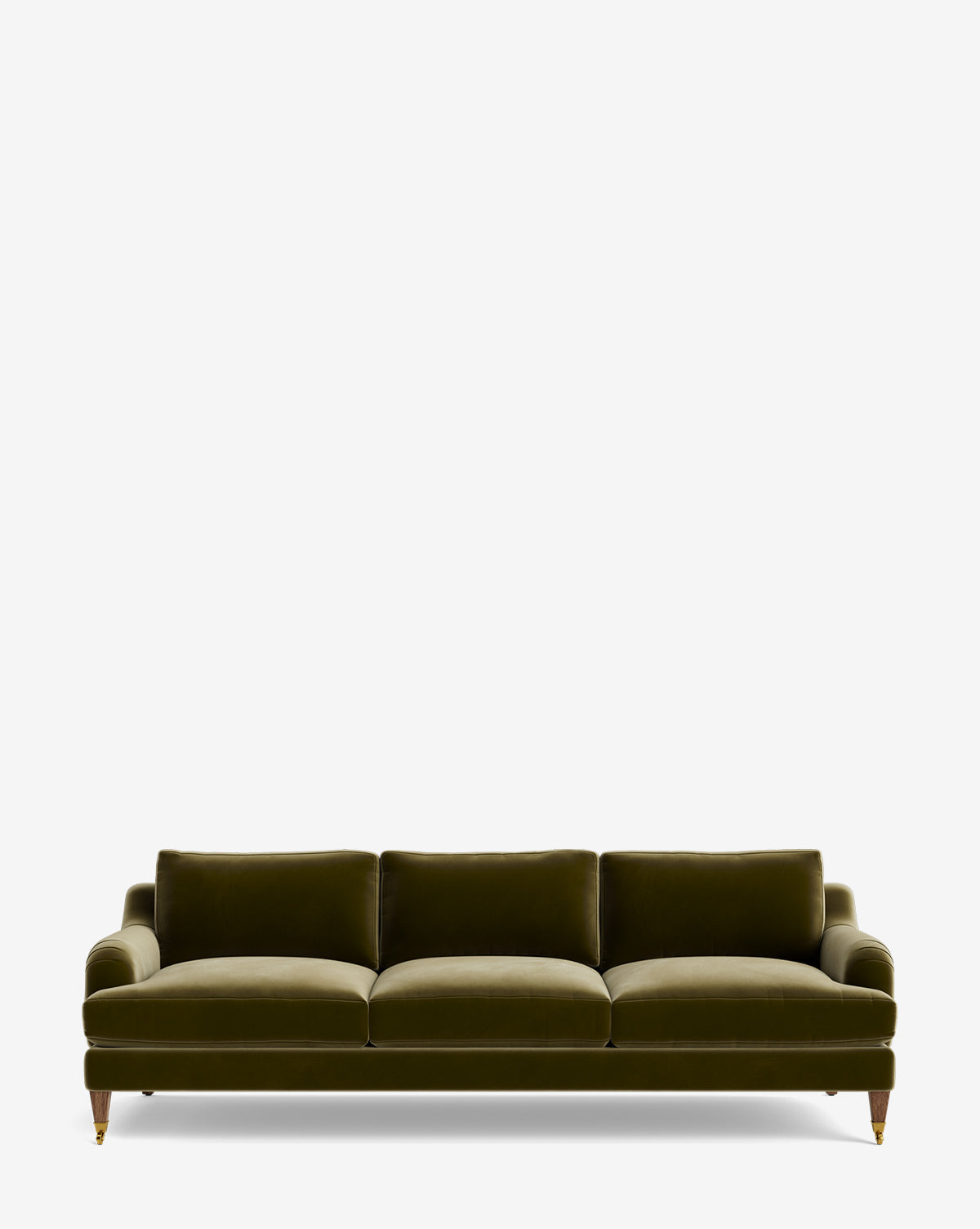 A Lucille English Roll Arm Sofa 90.5 in green velvet features three down-wrapped cushions, rounded armrests, and wooden legs with brass wheels, displayed against a plain white background by McGee & Co.