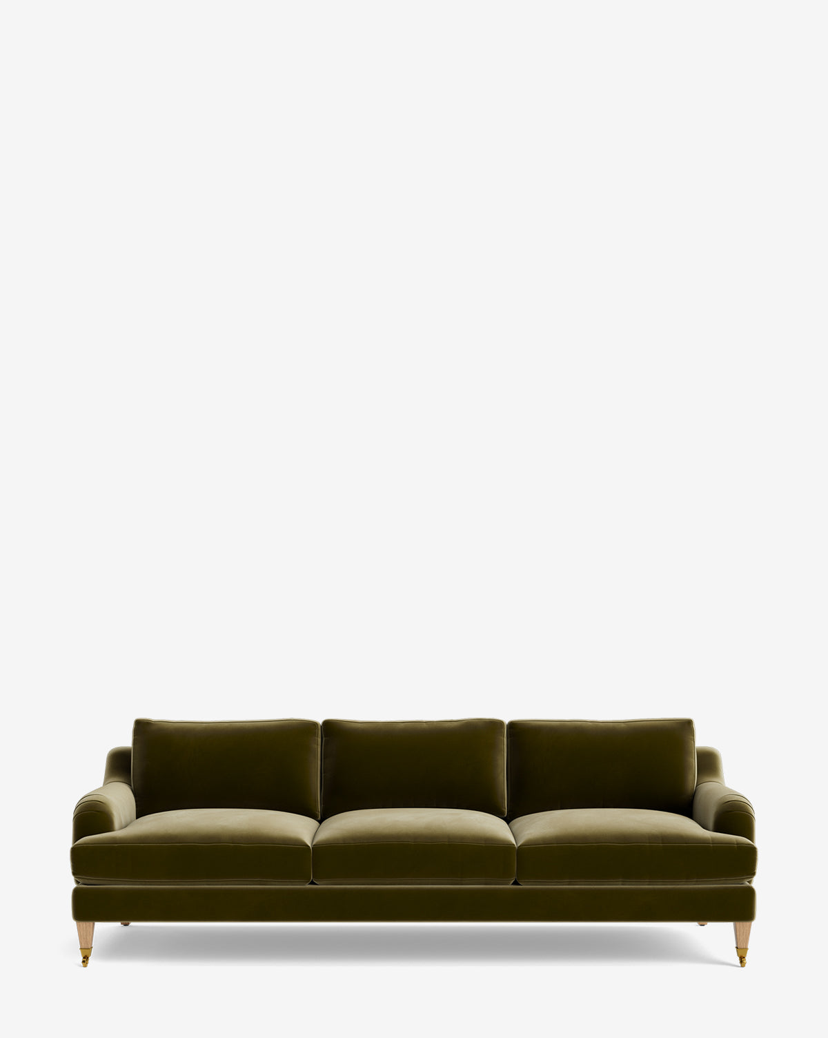 The Lucille English Roll Arm Sofa 90.5 features green velvet upholstery, down-wrapped cushions, cushioned backrests and seats, curved armrests, and wooden legs with brass castor wheels, set against a plain white background by McGee & Co.