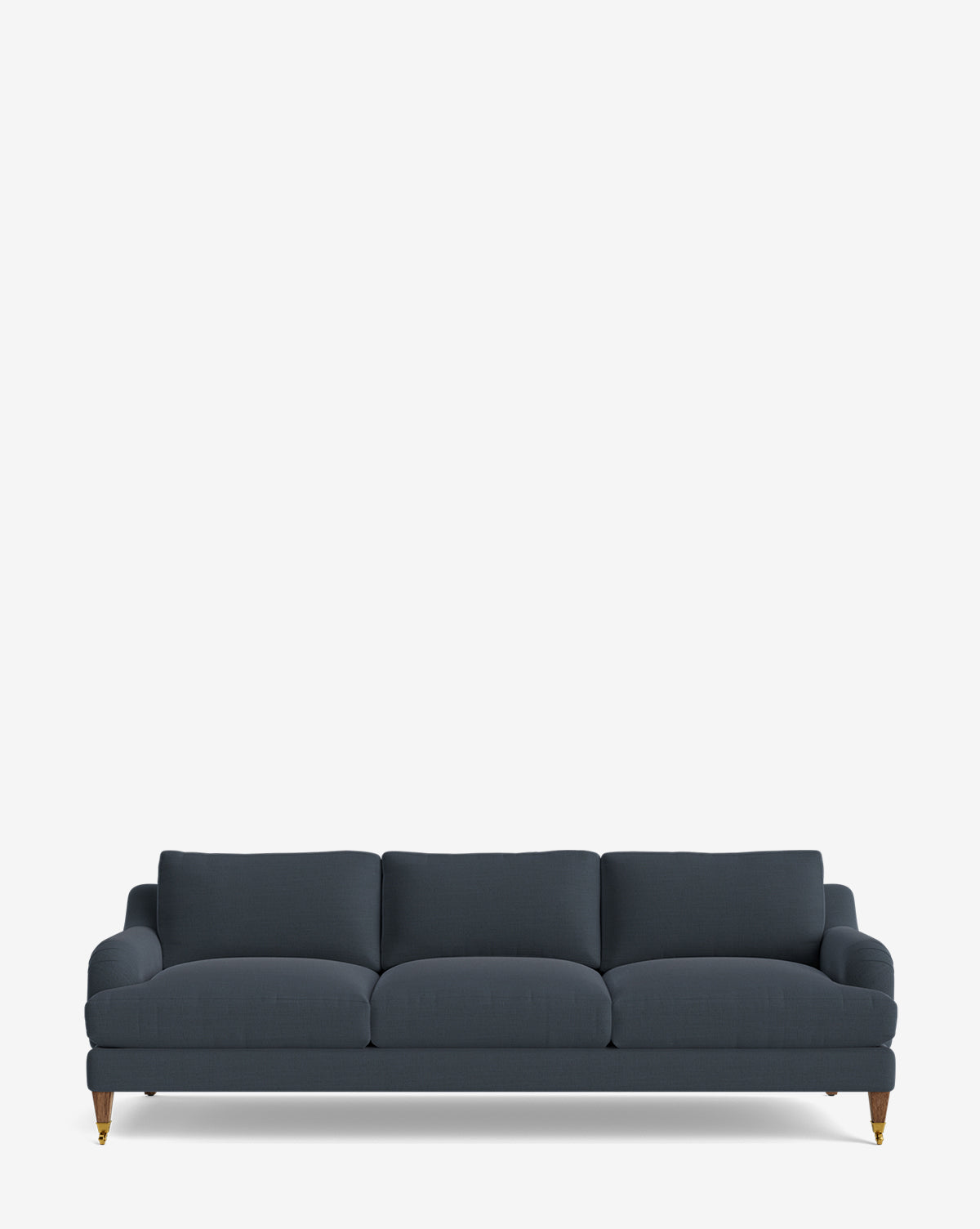 The Lucille English Roll Arm Sofa 90.5 is a modern, dark blue three-seater with down wrapped cushions and wooden legs, elegantly displayed on a white background by McGee & Co.