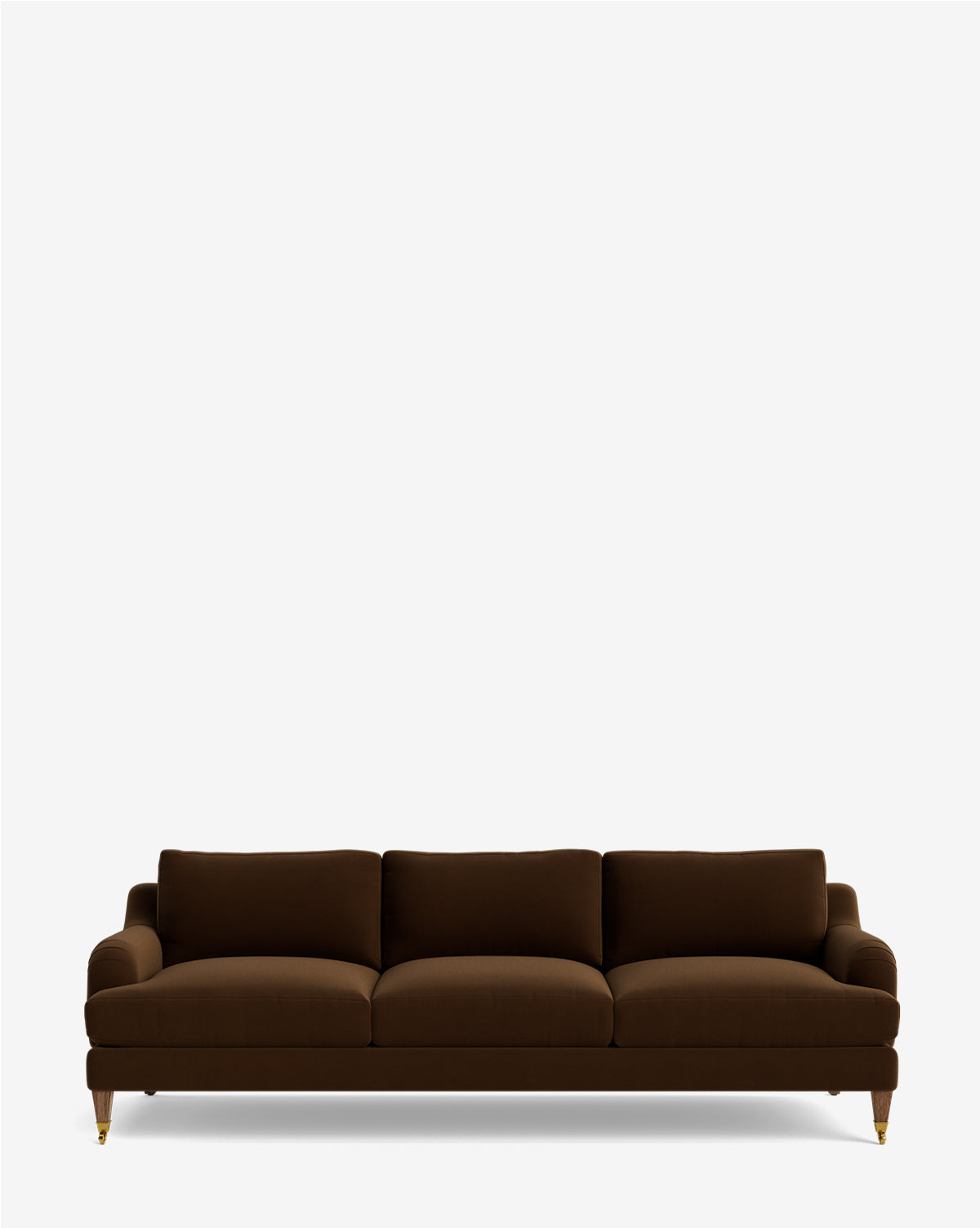 The Lucille English Roll Arm Sofa 90.5 is a modern, dark brown three-seater with down-wrapped cushions and short gold-colored legs, shown against a plain white background by McGee & Co.