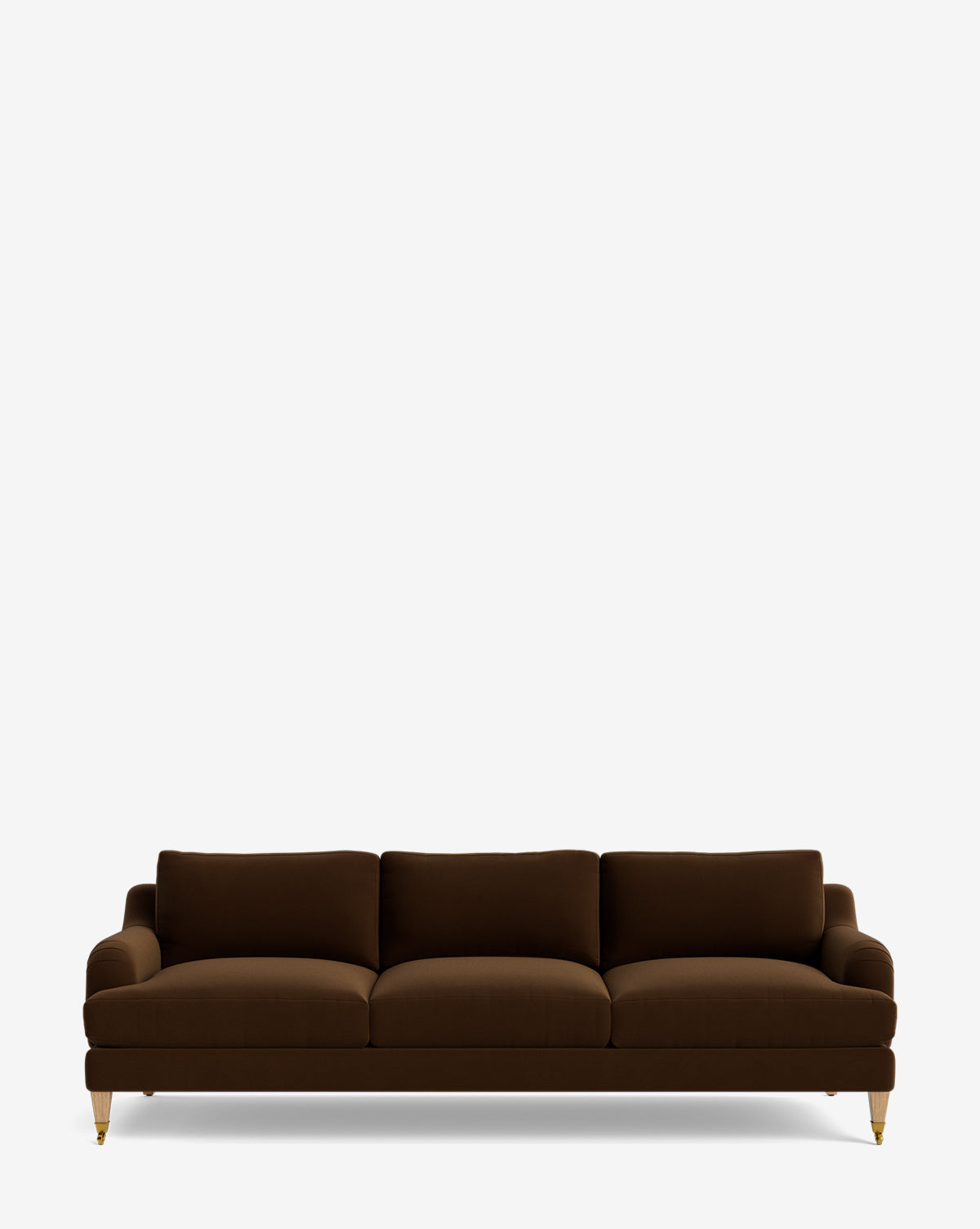 The Lucille English Roll Arm Sofa 90.5 is a modern, customizable three-seater in dark brown with plush down-wrapped cushions and slim gold legs, shown against a plain white background by McGee & Co.