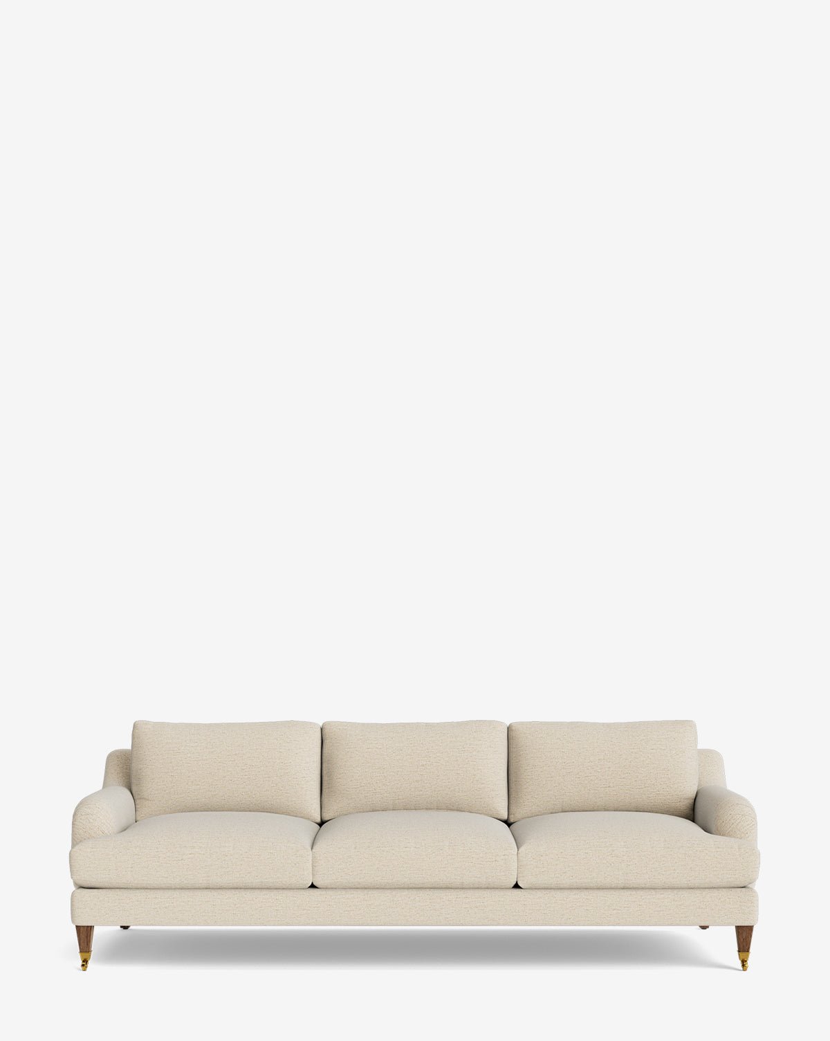 The Lucille English Roll Arm Sofa 90.5 in beige features plush down-wrapped cushions, rounded arms, and wooden legs with brass casters, set against a plain white background, by McGee & Co.