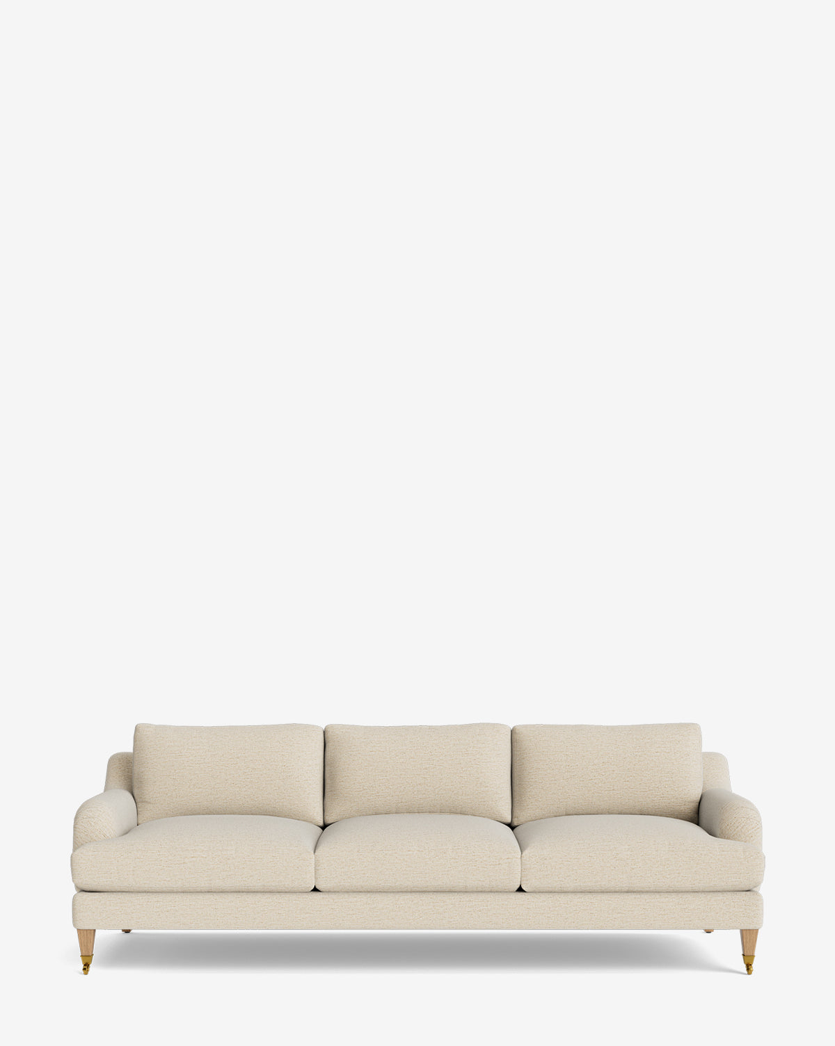 The Lucille English Roll Arm Sofa 90.5 features a cream color, three down-wrapped seat cushions, three back cushions, and wooden legs with brass casters, shown against a plain white background by McGee & Co.