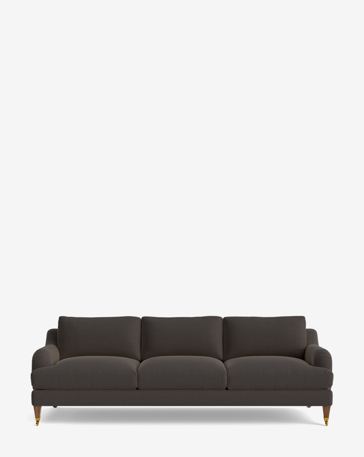 The Lucille English Roll Arm Sofa 90.5 is a modern dark gray three-seater with plush, down-wrapped cushions, gently curved arms, and short wooden legs, shown against a plain white background by McGee & Co.