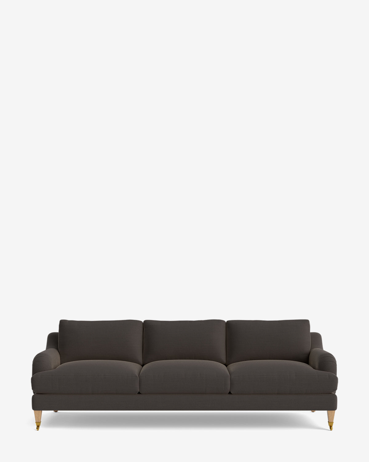 The Lucille English Roll Arm Sofa 90.5 is a modern, dark gray three-seater with down-wrapped cushions, low arms, and short wooden legs featuring gold casters, shown against a plain white background by McGee & Co.
