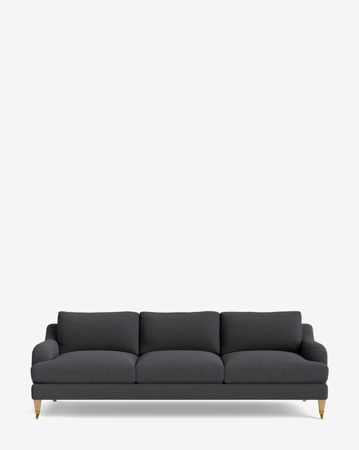 The Lucille English Roll Arm Sofa 90.5 features a modern dark gray design with plush, down-wrapped cushions and light wooden legs, shown here against a plain white background by McGee & Co.