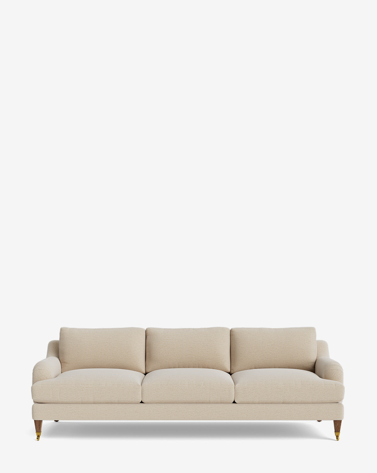 The Lucille English Roll Arm Sofa 90.5 is a cream-colored, three-seat sofa with plush down-wrapped cushions and wooden legs with brass castors, shown against a plain white background by McGee & Co.