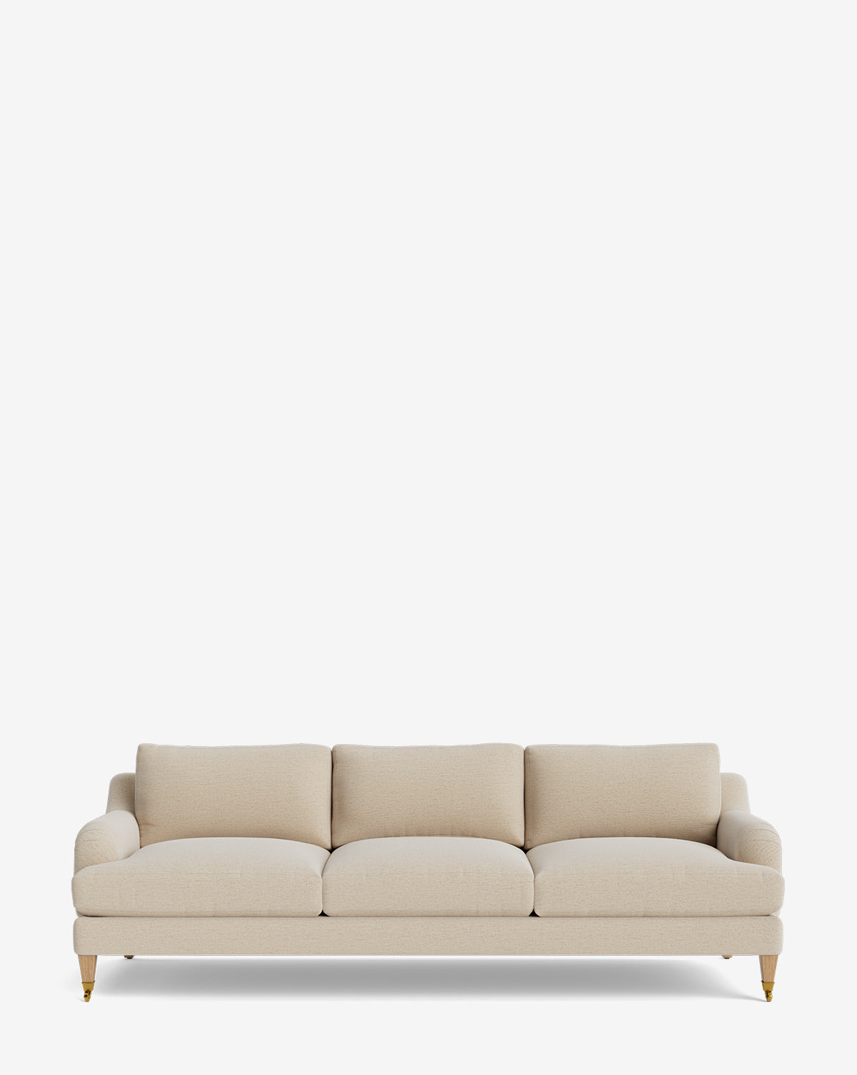 The Lucille English Roll Arm Sofa 90.5 in beige features three down-wrapped seat cushions, three back cushions, and wooden legs with brass casters, shown against a plain white background by McGee & Co.