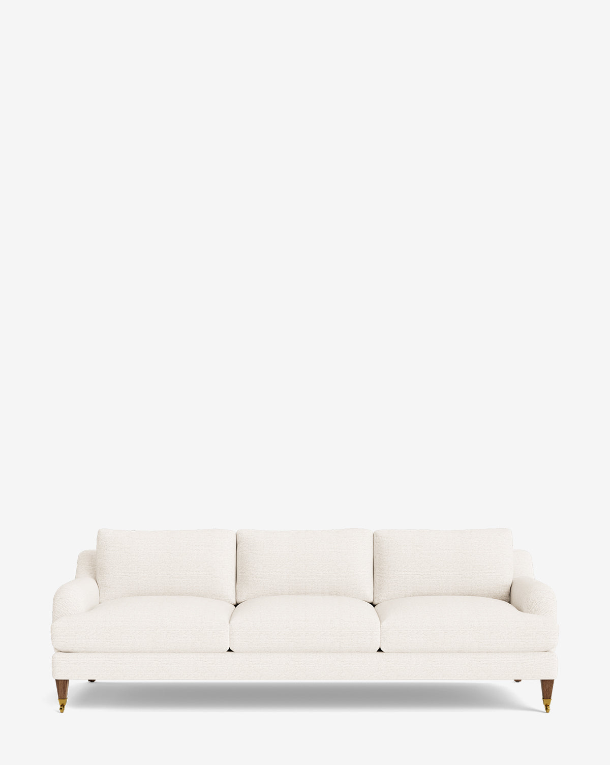 The Lucille English Roll Arm Sofa 90.5 is a modern three-seater with white upholstery, down-wrapped cushions, and wooden legs, shown on a plain white background by McGee & Co.