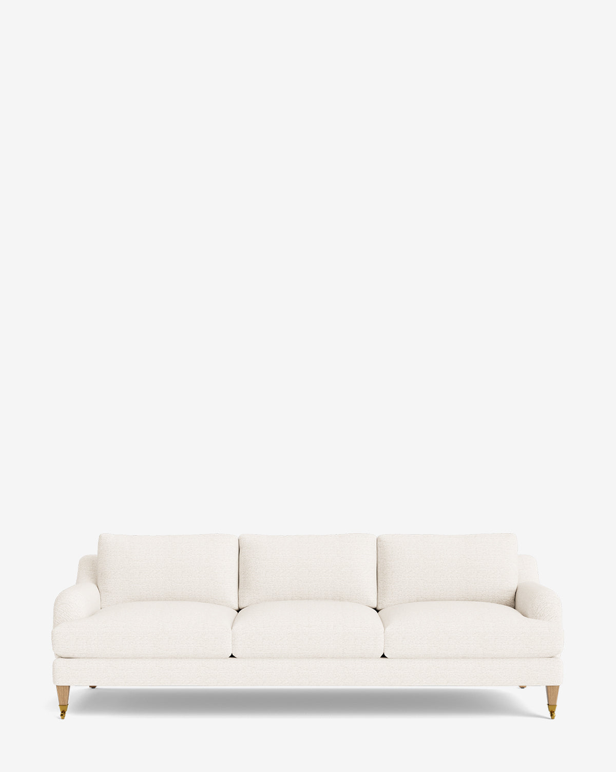 The Lucille English Roll Arm Sofa 90.5 is a modern, three-seater with white upholstery, down-wrapped cushions, and wooden legs with brass casters, shown against a plain white background by McGee & Co.