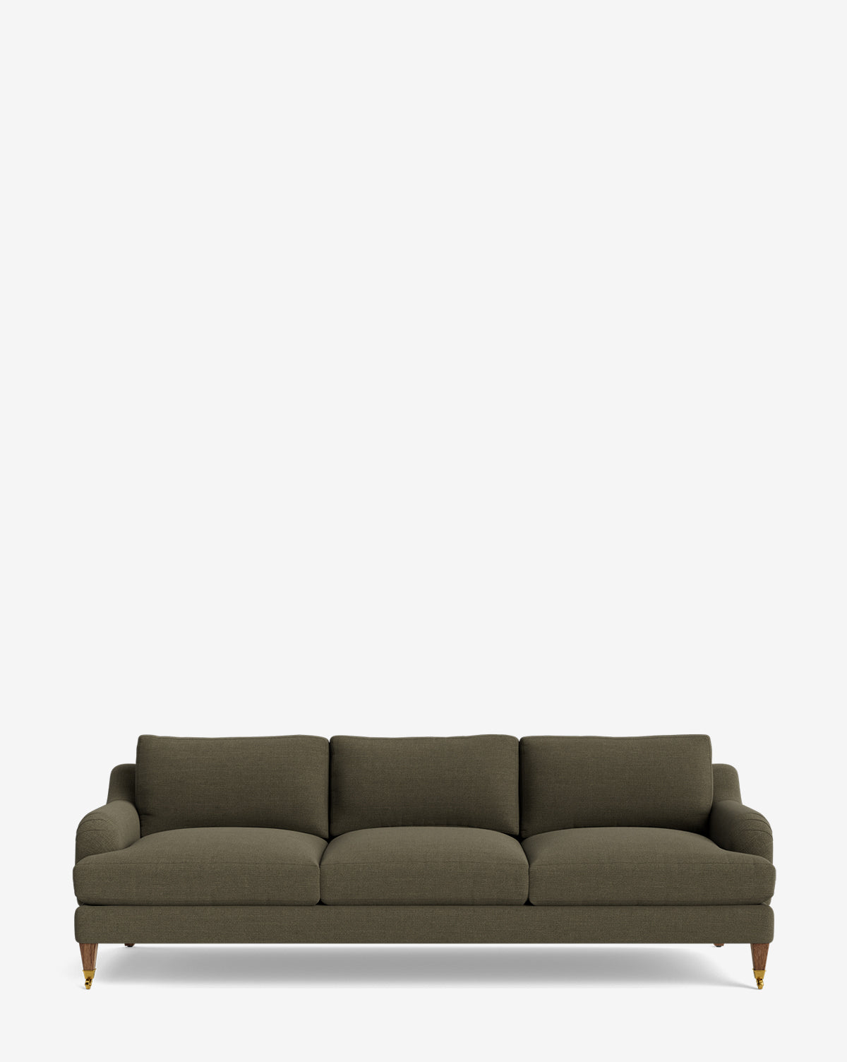 The Lucille English Roll Arm Sofa 90.5 is a modern olive-green sofa with curved armrests, plush down-wrapped cushions, and short wooden legs with brass casters, shown against a plain white background by McGee & Co.