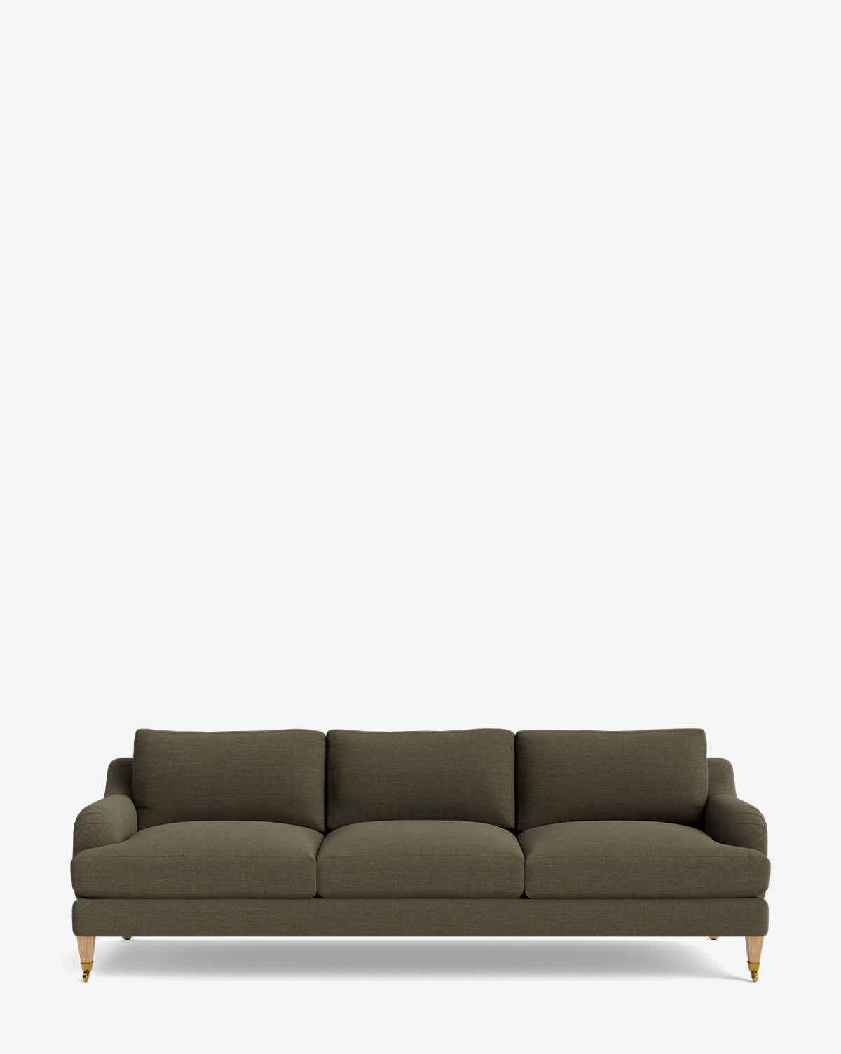 The Lucille English Roll Arm Sofa 90.5 features olive green upholstery, plush down-wrapped cushions, and wooden legs with brass casters on the front feet, shown against a plain white background by McGee & Co.