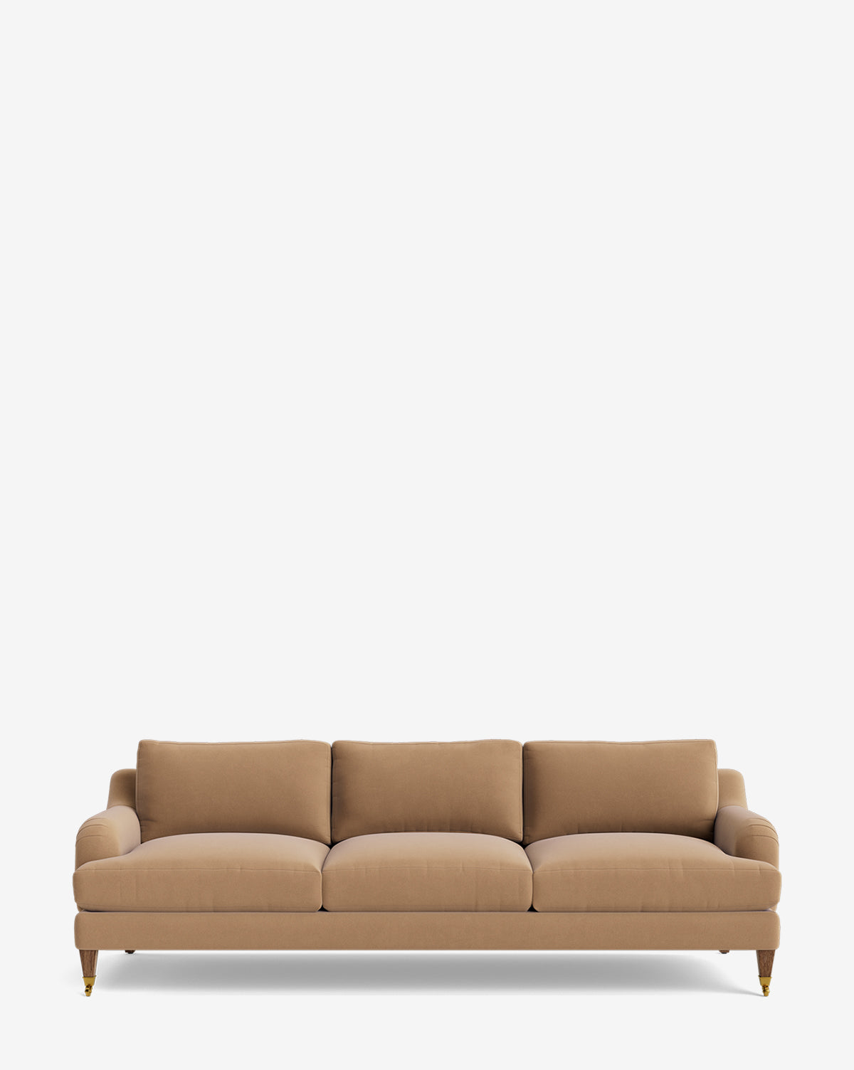 The Lucille English Roll Arm Sofa 90.5 is a modern tan sofa with three down-wrapped seat and three back cushions, rounded arms, and wooden legs with brass front casters, shown against a plain white background by McGee & Co.