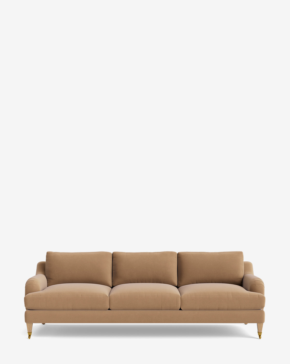 The Lucille English Roll Arm Sofa 90.5 is a tan, three-seat customizable sofa featuring plush down-wrapped cushions, rounded armrests, and short legs with gold accents, shown against a plain white background by McGee & Co.