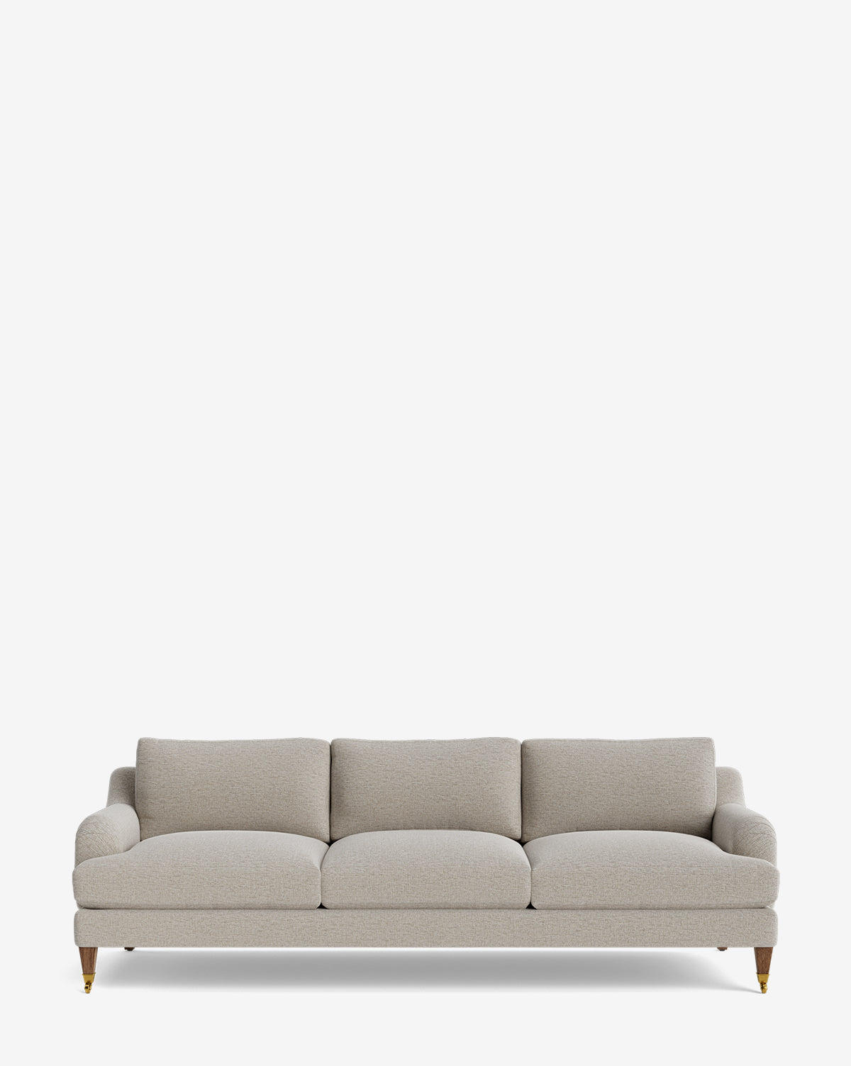 The Lucille English Roll Arm Sofa 90.5 features a modern light gray design with three down-wrapped seat and back cushions, low rounded arms, and wooden legs with gold casters. A customizable classic-comfort sofa shown on a plain white background by McGee & Co.