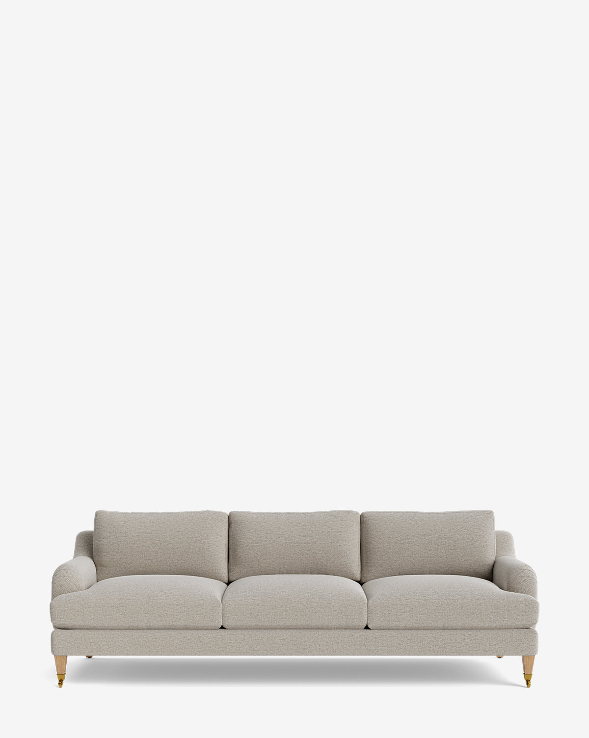 The Lucille English Roll Arm Sofa 90.5 is a modern light gray sofa with three seat cushions, three down-wrapped back cushions, and short wooden legs with brass casters, set against a plain white background for an elegant, customizable look by McGee & Co.