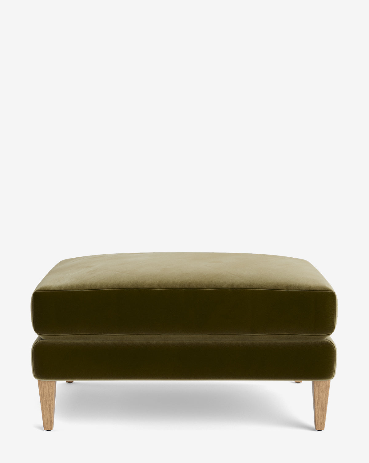 The Lucille Ottoman is a modern square ottoman in olive green upholstery with wooden legs, displayed on a plain white background, by McGee & Co.