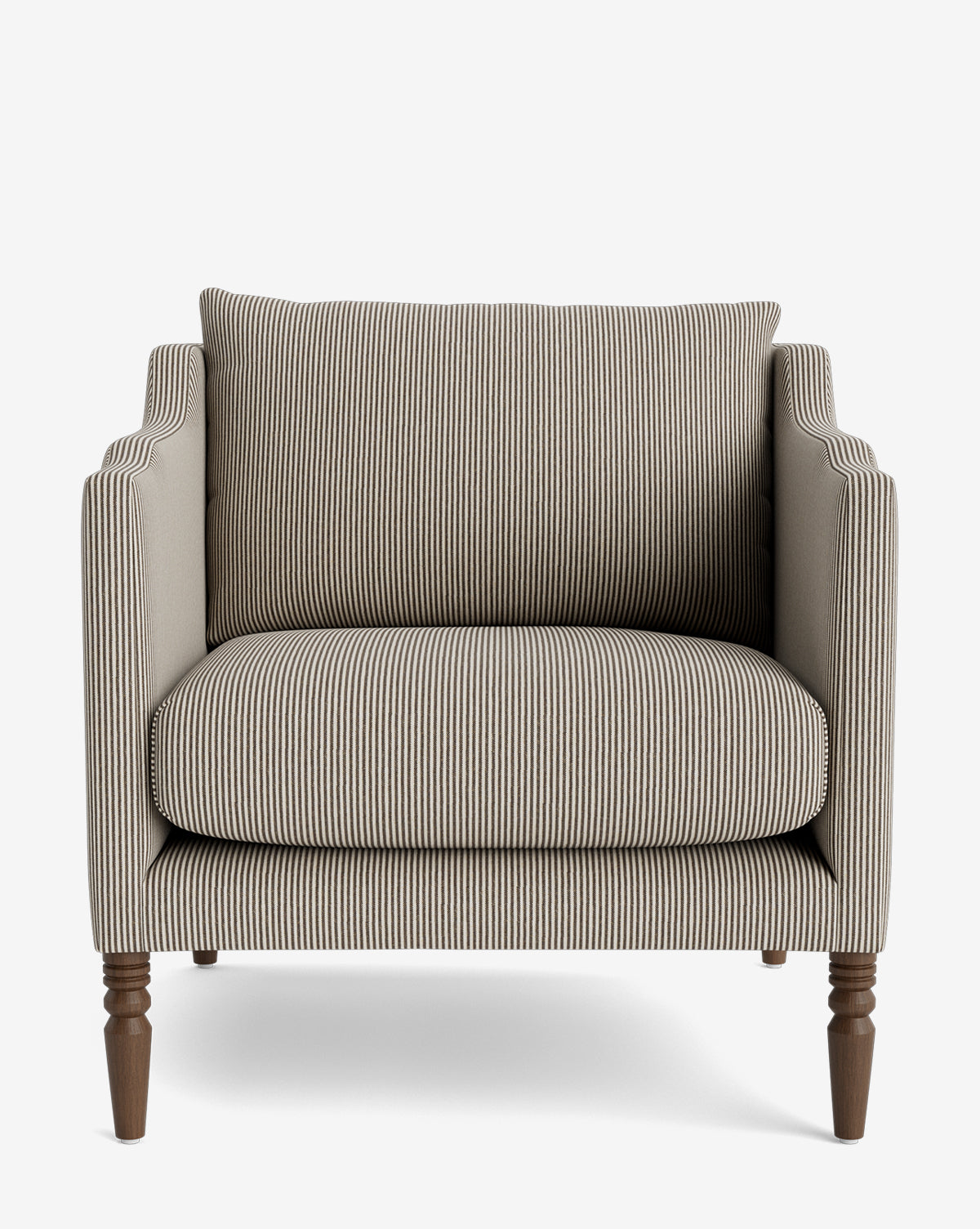 The Gemma Lounge Chair (Ready to Ship) is a modern armchair with grey and white vertical pinstripes, high-quality fabric, plush seat and back cushions, slim armrests, and dark wooden turned front legs, set against a plain white background by McGee & Co.