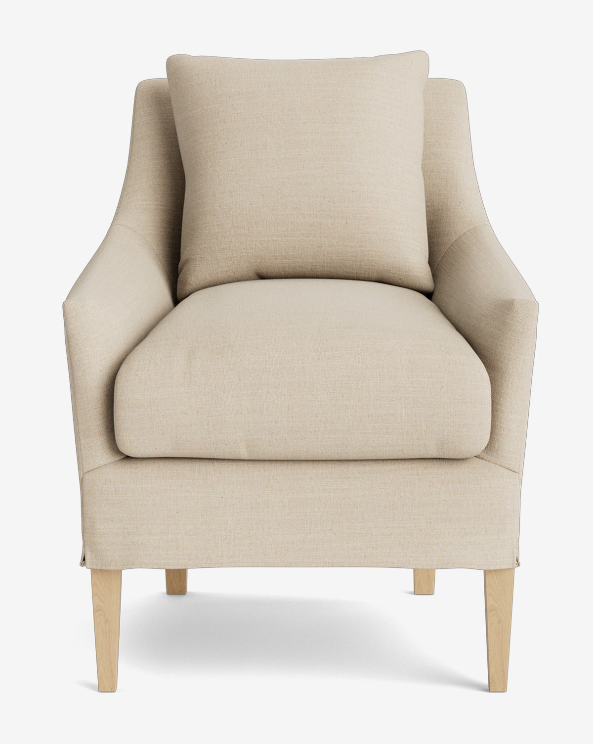 The Sascha Slipcover Dining Chair features light beige upholstery, a thick seat cushion, a matching back pillow, and light wooden legs, offering refined comfort and modern style against a plain white background by McGee & Co.