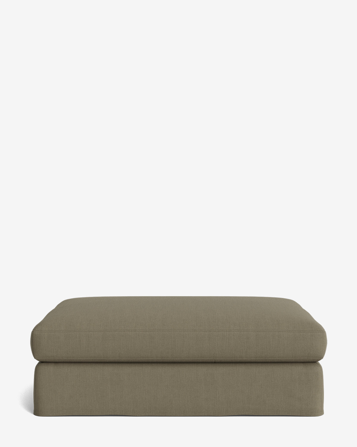 The Macy Slipcover Ottoman is a rectangular, olive-green piece with a simple modern design, soft rounded edges, and smooth fabric. This customizable living room furniture sits on a plain white background, by McGee & Co.