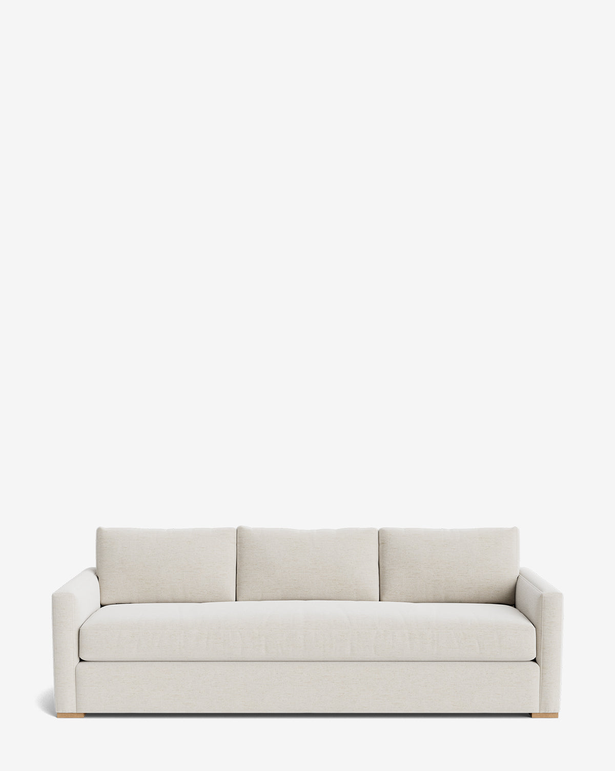 The Macy Upholstered Sofa (84-96) features a modern, light beige design with three cushions, square arms, and wooden feet—ideal living room furniture shown against a plain white background, by McGee & Co.