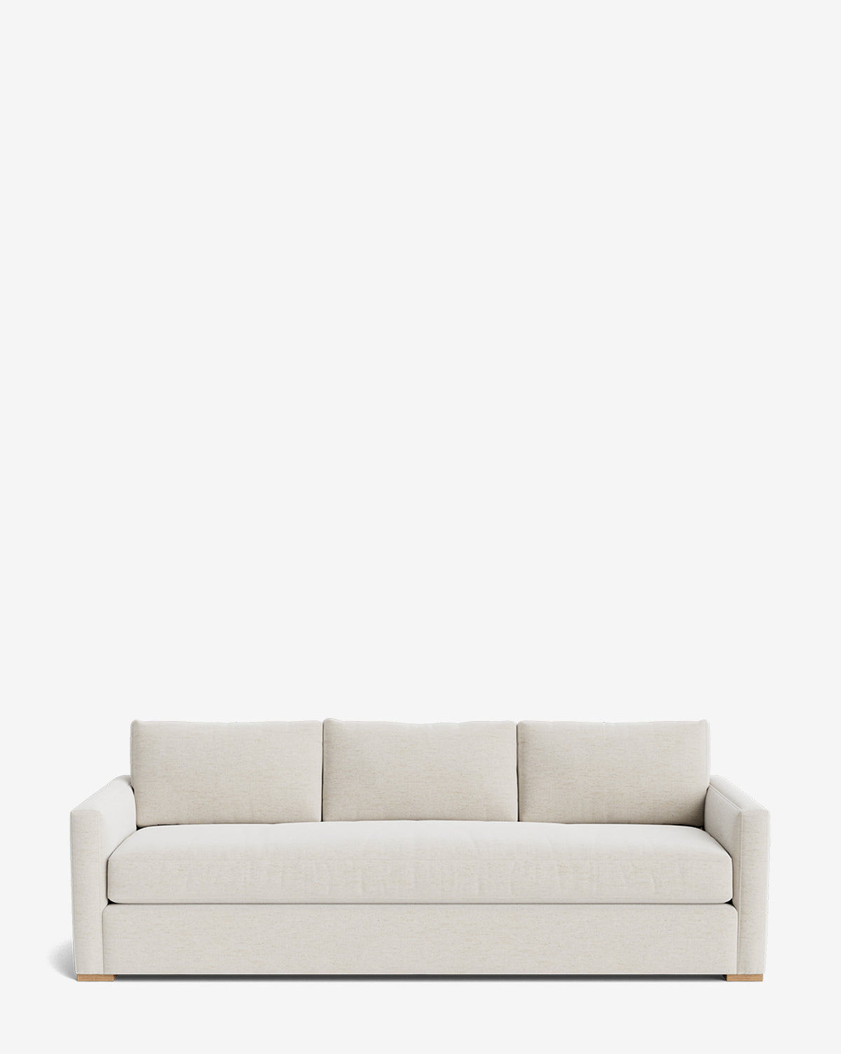 The Macy Upholstered Sofa (84-96) features a modern, light beige design with three seat and back cushions, straight arms, and minimalist style, shown against a plain white background by McGee & Co.