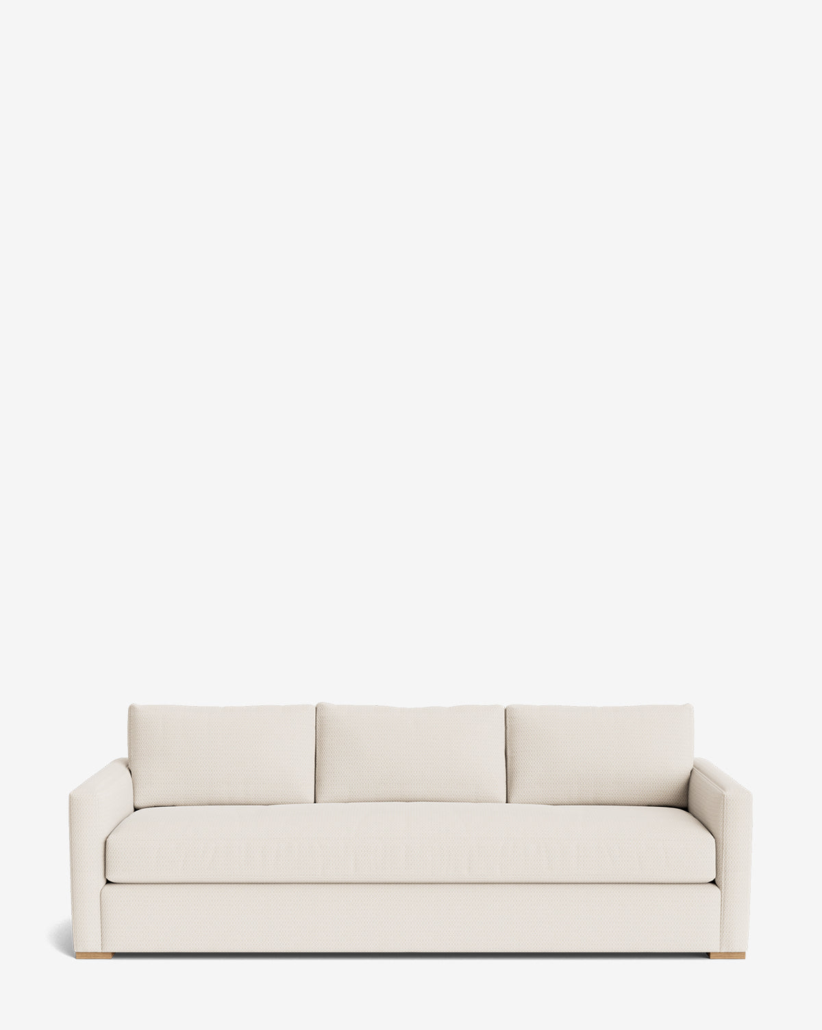 The Macy Upholstered Sofa (84-96) features a modern, minimalist beige design with three seat and back cushions plus straight armrests—perfect for elevating your living room furniture against a plain white background, by McGee & Co.