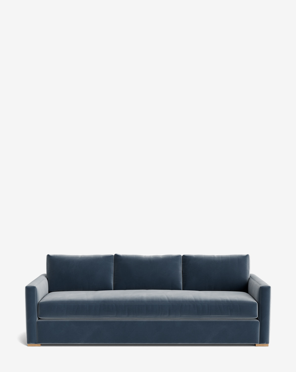 The Macy Upholstered Sofa (84-96) in dark blue features three seat and back cushions, clean lines, low arms, and wooden feet—ideal as a modern statement piece for your living room, by McGee & Co. Set against a plain white background.