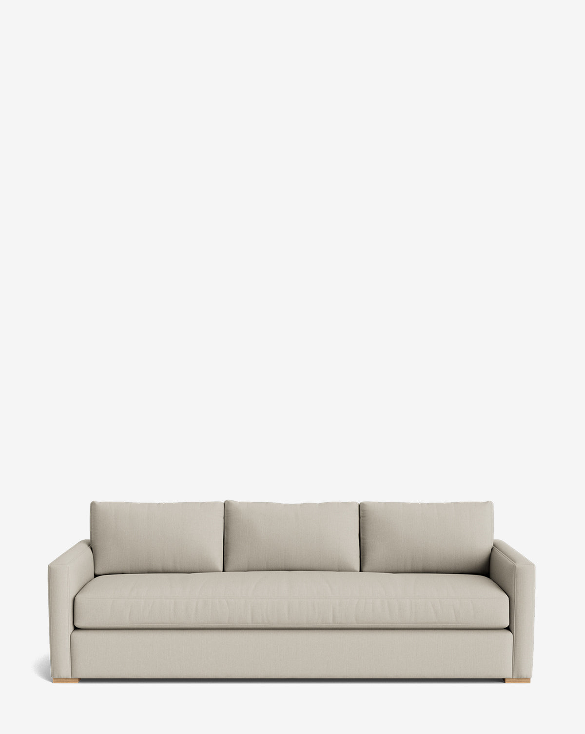 The Macy Upholstered Sofa (84-96) is a modern, light gray sofa with three seat cushions, straight armrests, and wooden block feet—an elegant upgrade to any living room décor, by McGee & Co.