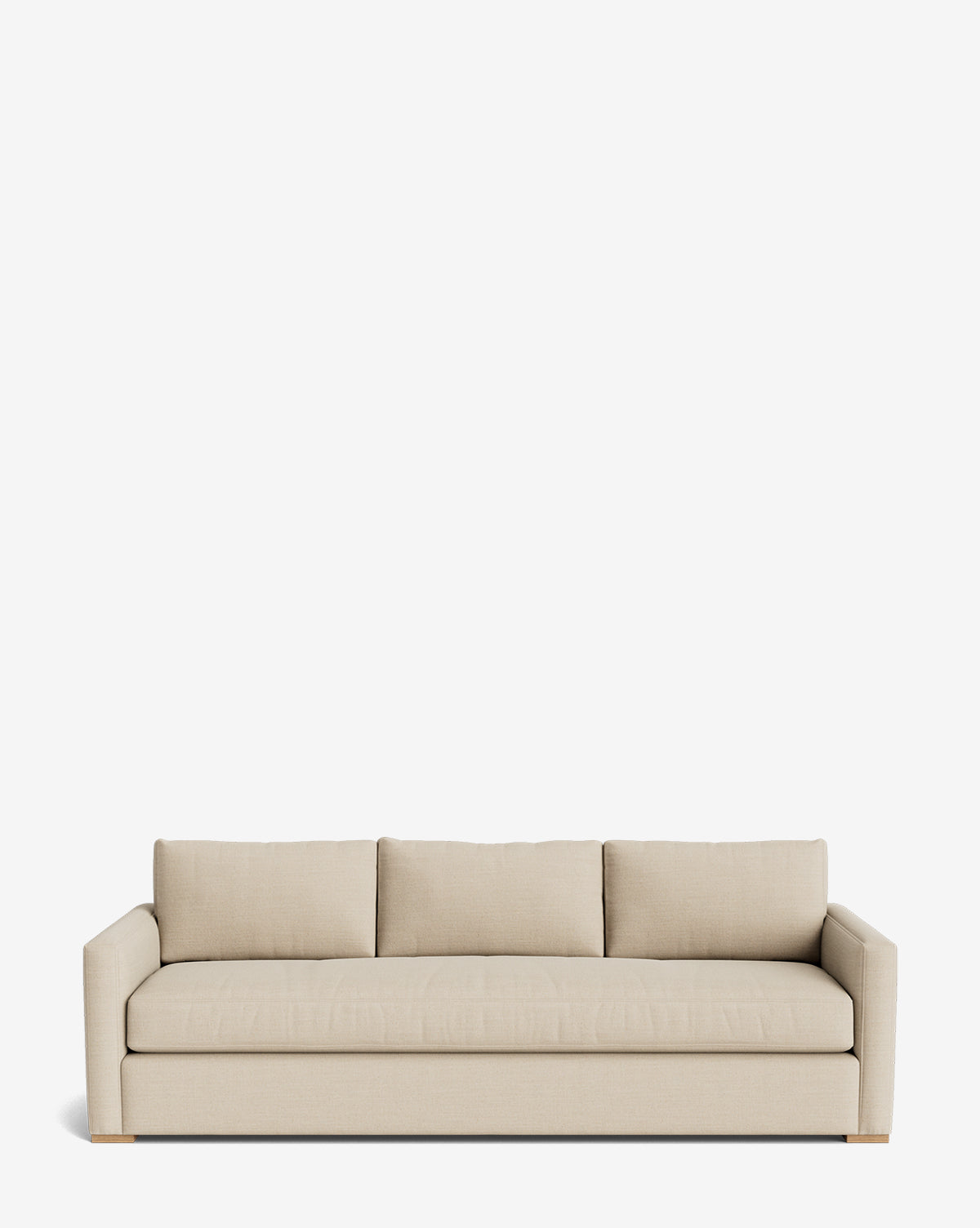The Macy Upholstered Sofa (84-96) is a modern beige sofa with three seat and back cushions, straight armrests, and a minimalist design, making it ideal for stylish living rooms, by McGee & Co. Shown against a plain white background.