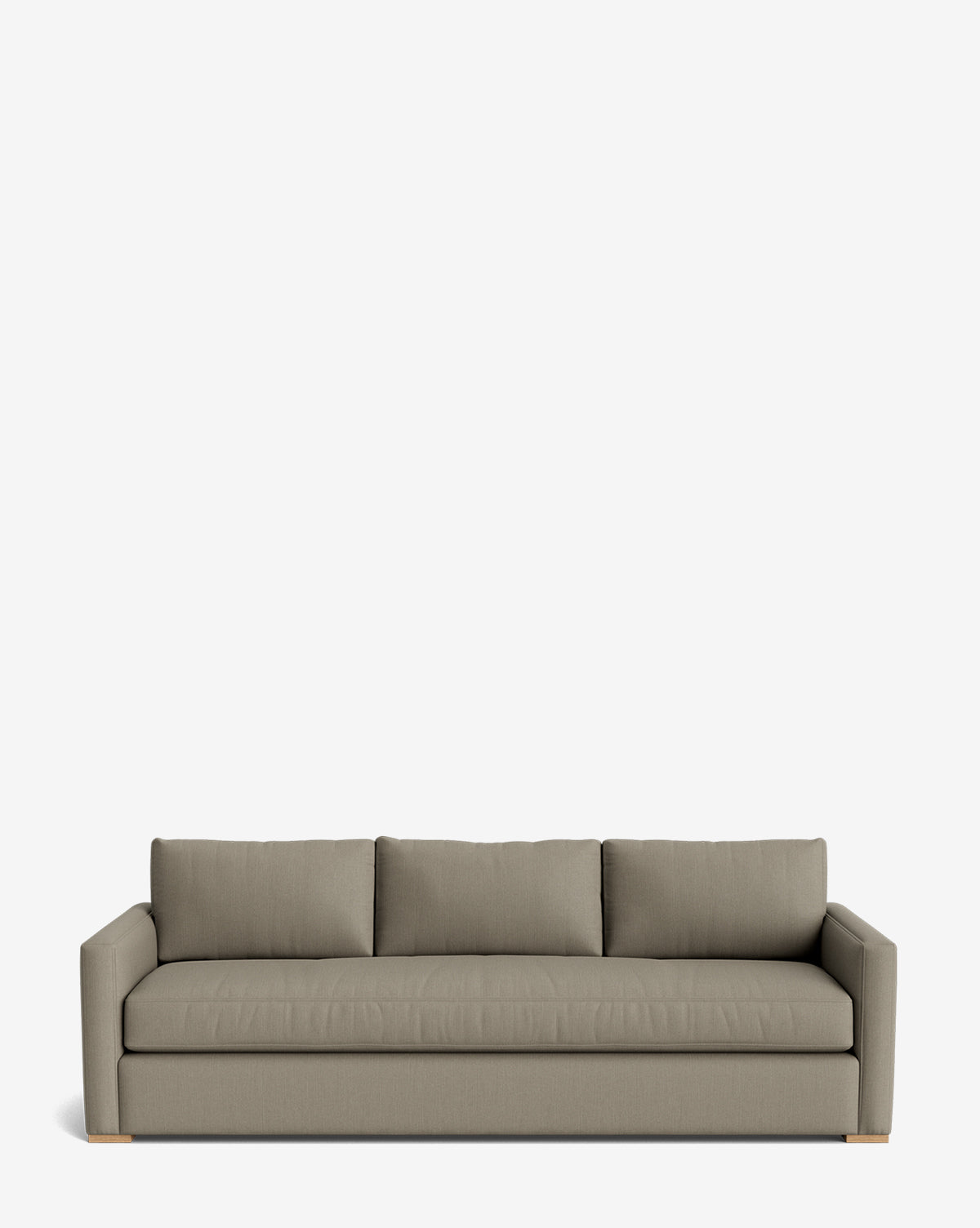 The Macy Upholstered Sofa (84-96) features modern light gray upholstery, straight arms, and three back cushions—ideal as stylish living room furniture and shown here against a plain white background, by McGee & Co.