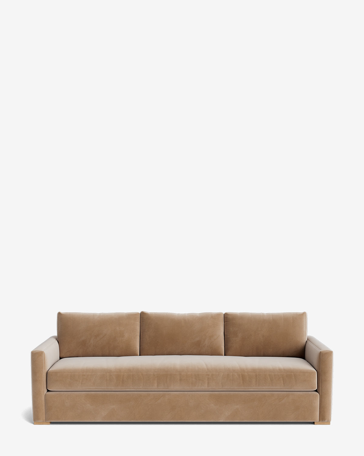 The Macy Upholstered Sofa (84-96) is a modern three-seater with light brown fabric and square armrests, ideal for enhancing your living room decor, shown here against a plain white background, by McGee & Co.