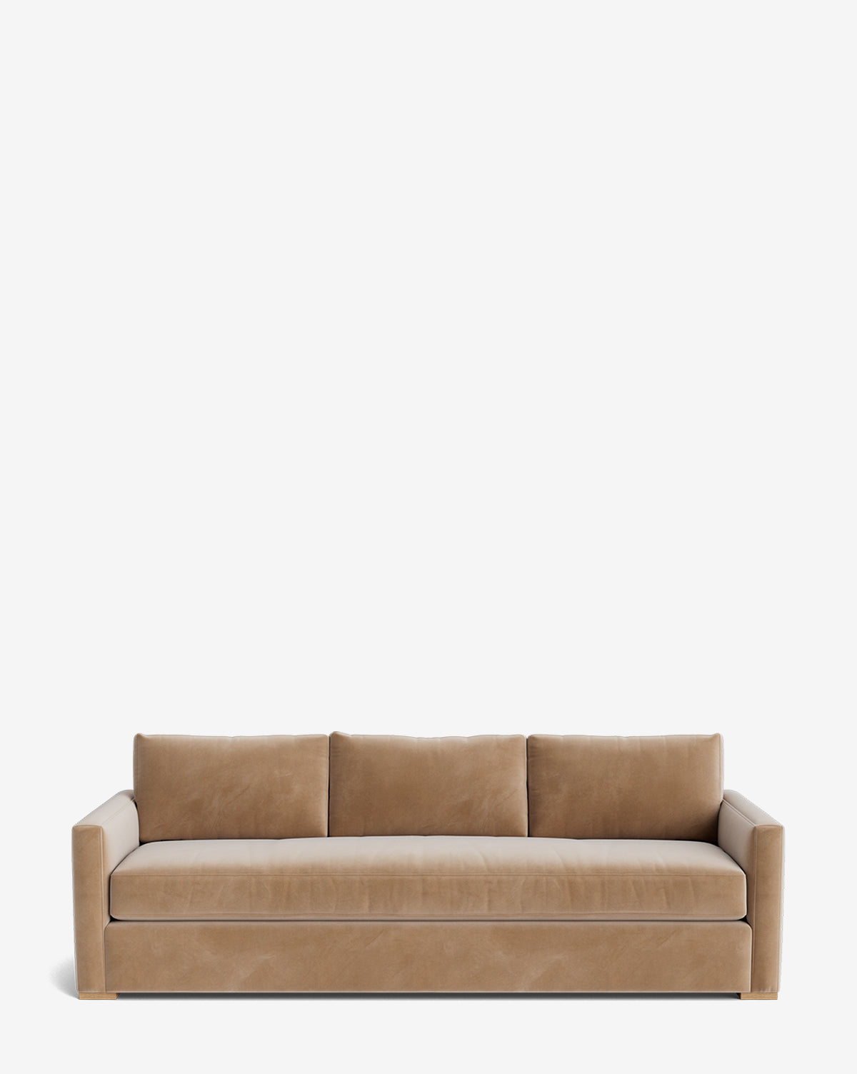 The Macy Upholstered Sofa (84-96) is a modern beige velvet piece with three seat and back cushions, straight arms, and a boxy design—an elegant addition to any living room, shown here against a plain white background, by McGee & Co.