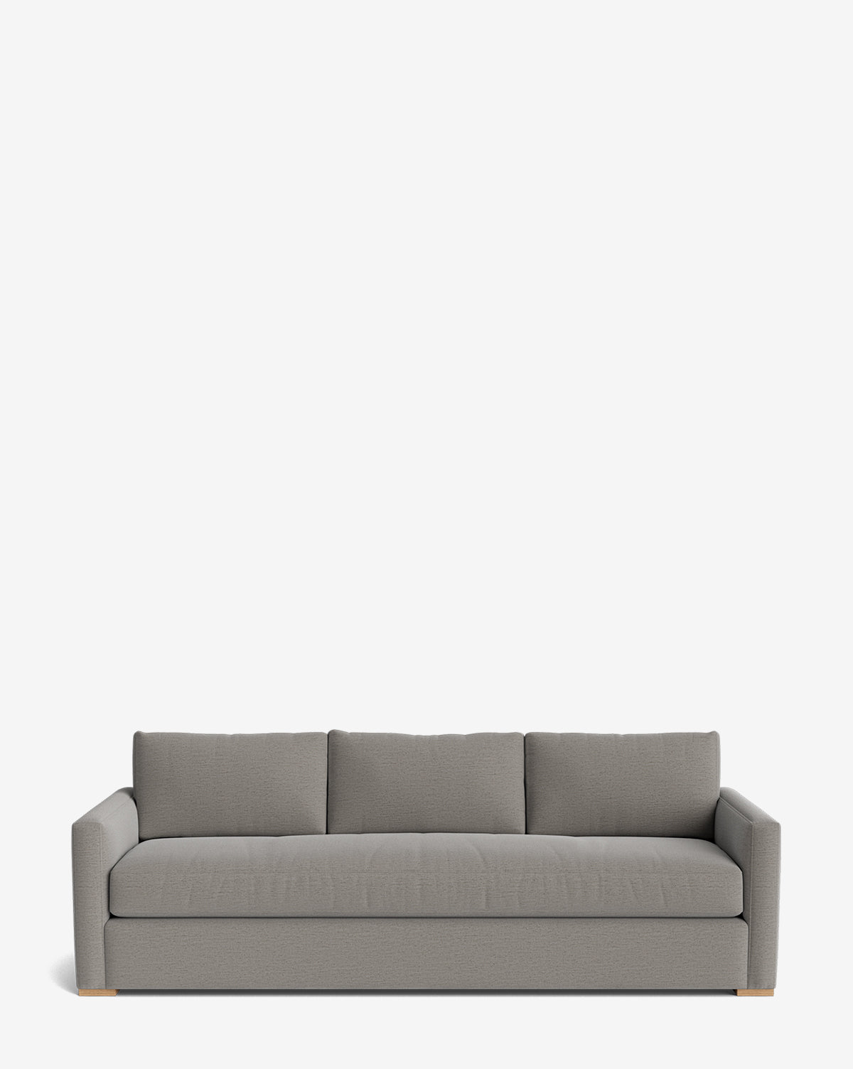 The Macy Upholstered Sofa (84-96) features a modern light-gray design with straight arms, three back cushions, and wooden block feet—an ideal stylish addition to any living room—shown here against a plain white background, by McGee & Co.
