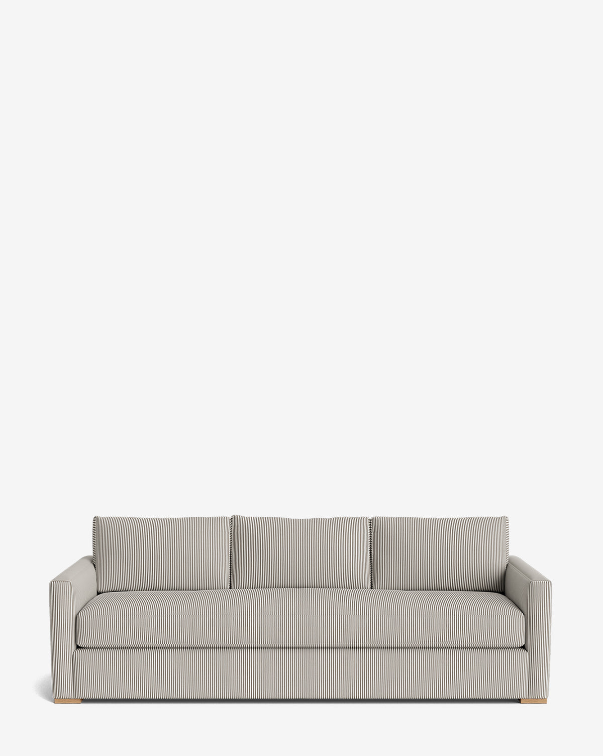 The Macy Upholstered Sofa (84-96) features a modern design in light gray with subtle vertical stripes, three back cushions, and square armrests—perfect for contemporary living rooms, by McGee & Co. Shown against a plain white background.