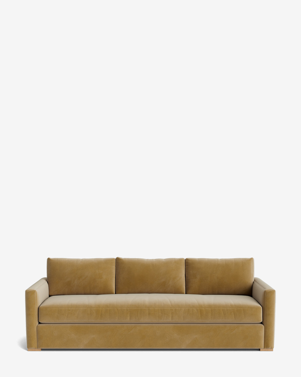 The Macy Upholstered Sofa (84-96) features a modern, tan velvet design with three seat and back cushions, straight arms, and minimalist style—an ideal centerpiece for your living room furniture collection, by McGee & Co.