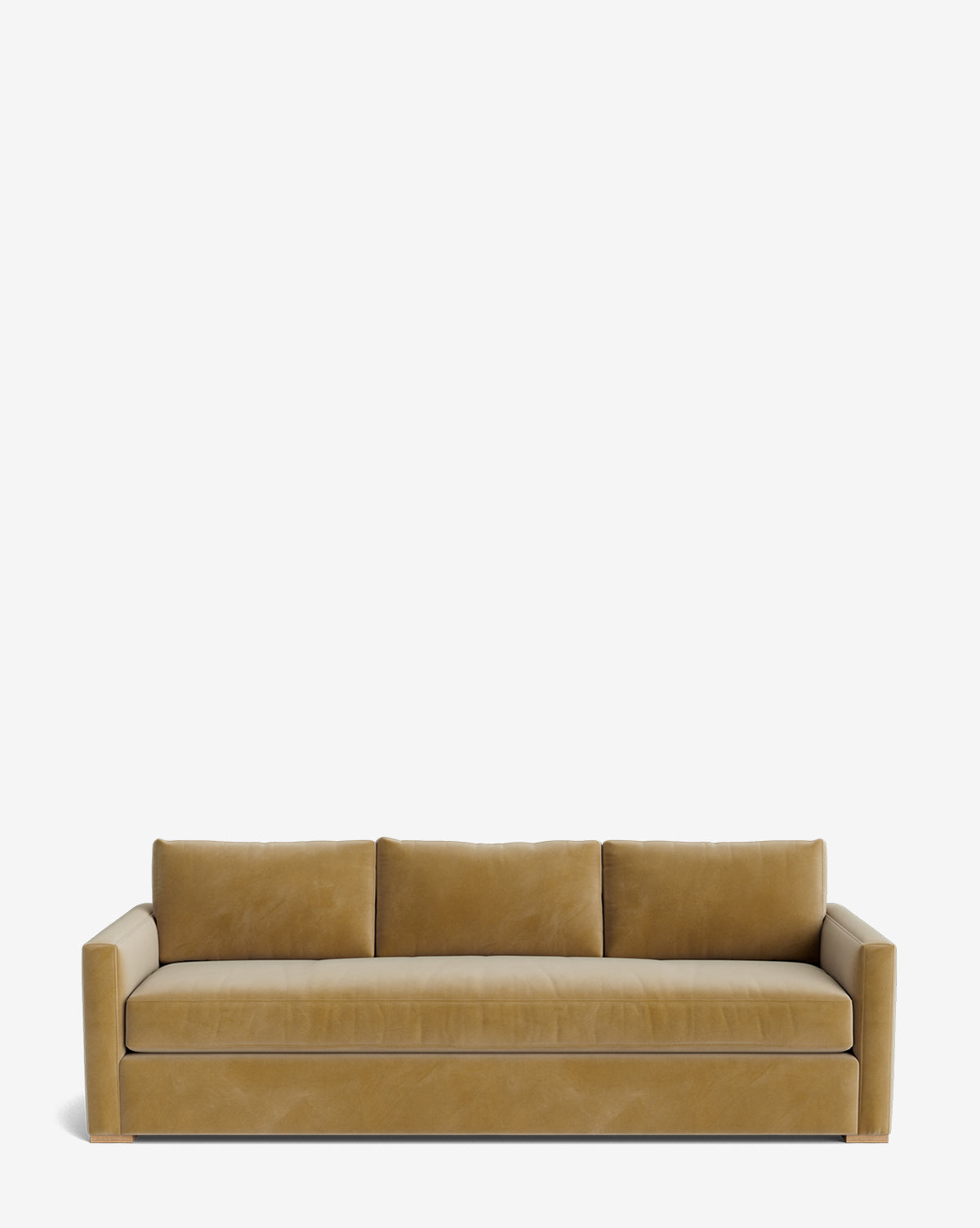 The Macy Upholstered Sofa (84-96) is a modern mustard-yellow sofa with three seat and back cushions, clean lines, and rectangular armrests—perfect for any living room, shown here against a plain white background by McGee & Co.